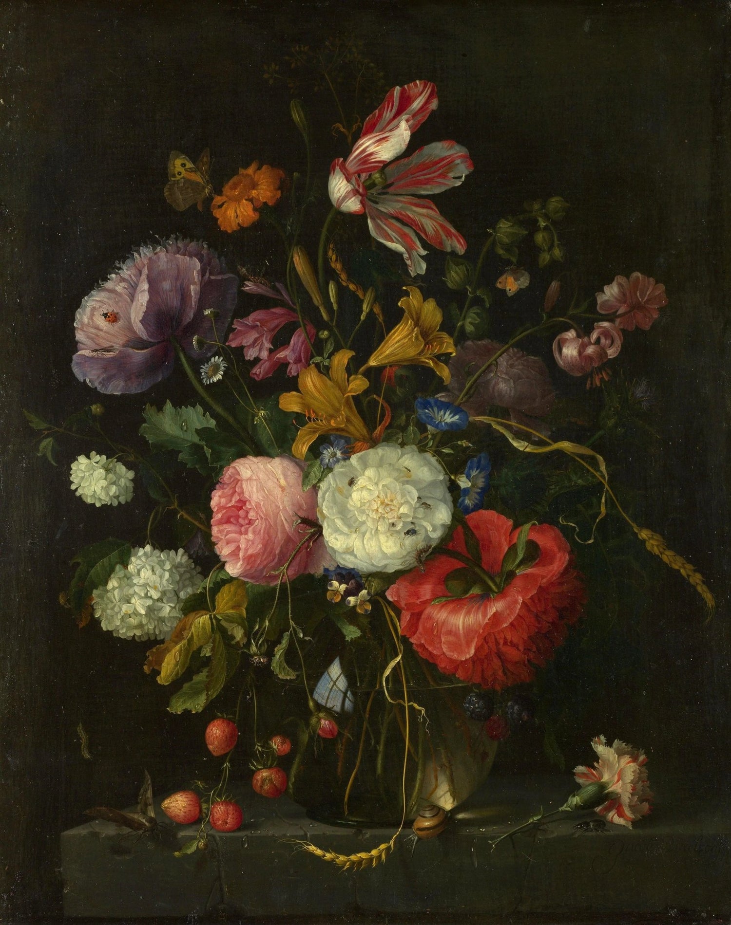 Floral Oil Painting - Bouquet with Strawberries and Butterflies - Oil Painting Haven