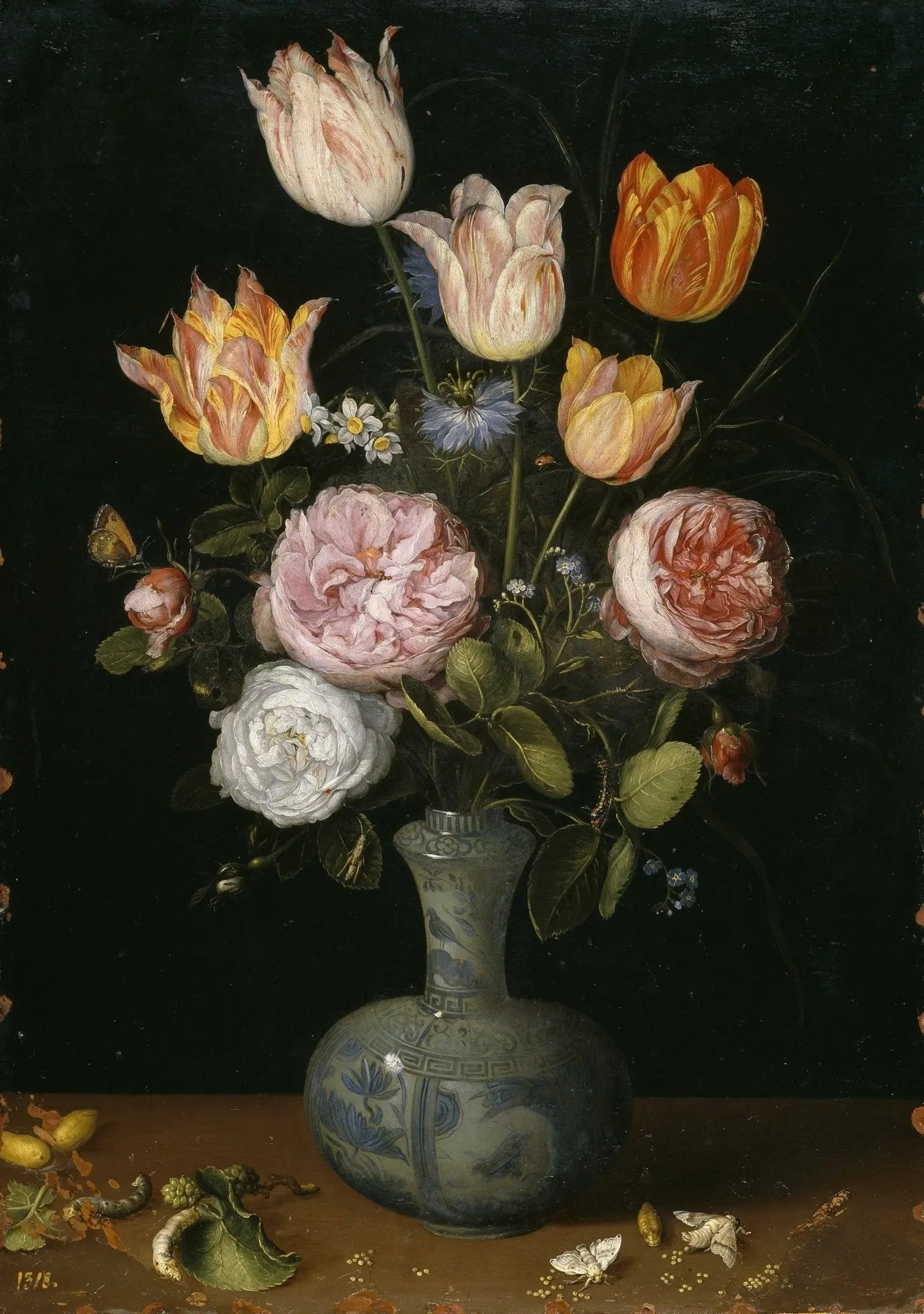 Floral Oil Painting - Bouquet with Tulips, Roses, and Insects - Oil Painting Haven