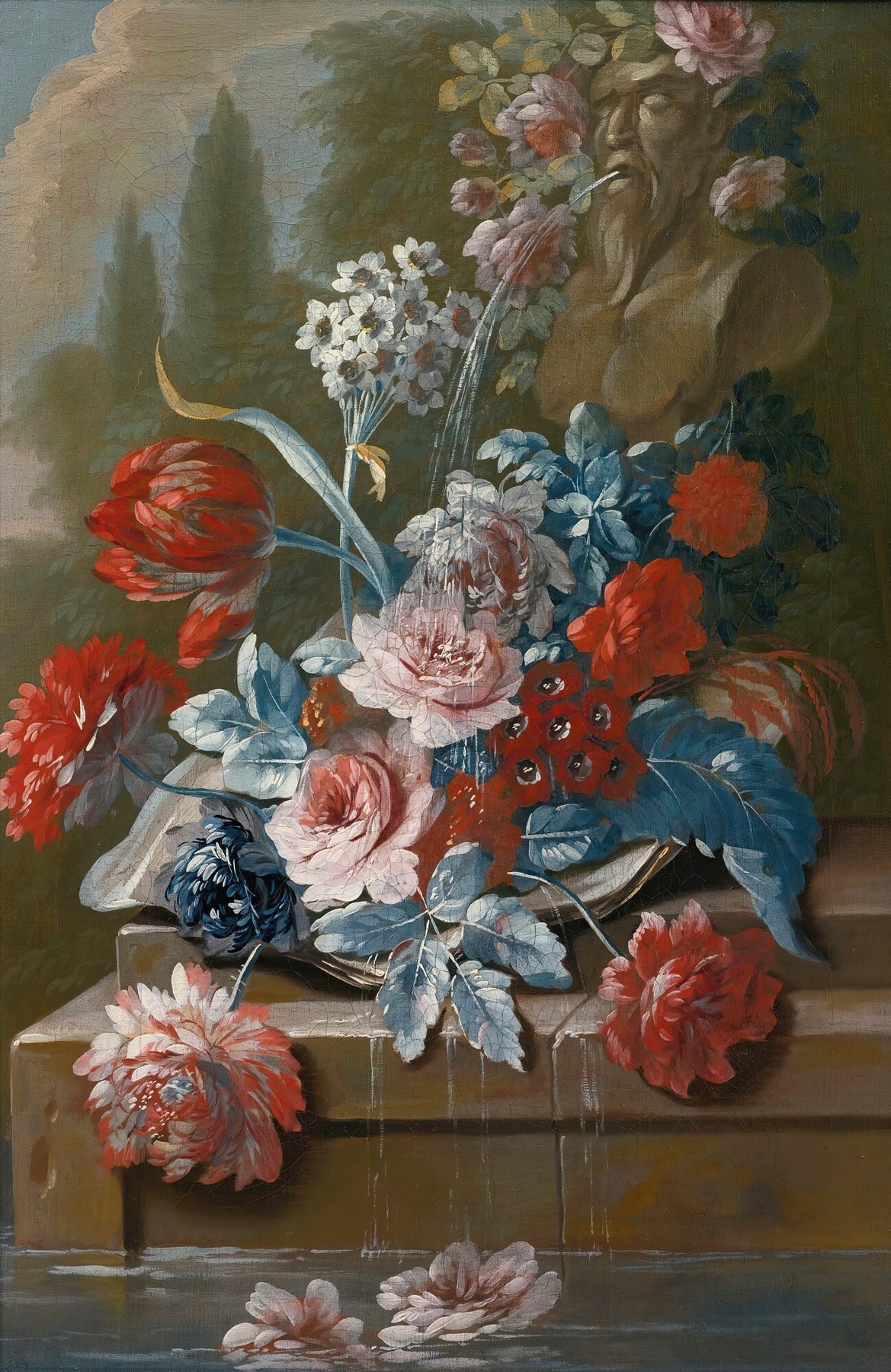 Florales Ölgemälde – Klassischer Brunnen und Stillleben mit roten Blüten