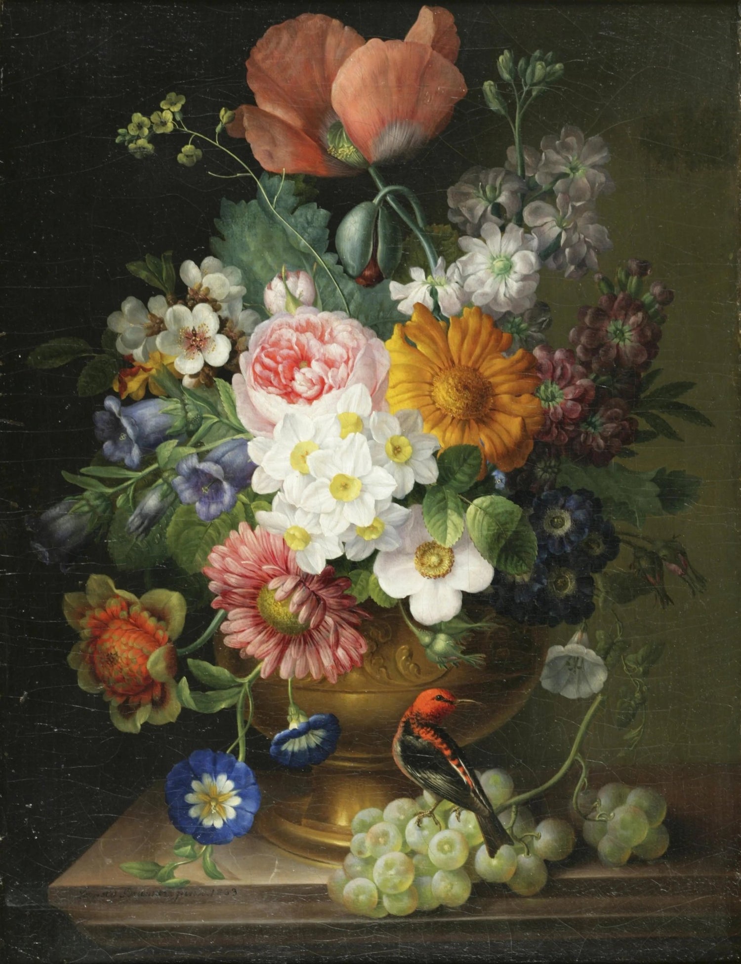 Floral Oil Painting - Colorful Blooms with Bird and Grapes - Oil Painting Haven