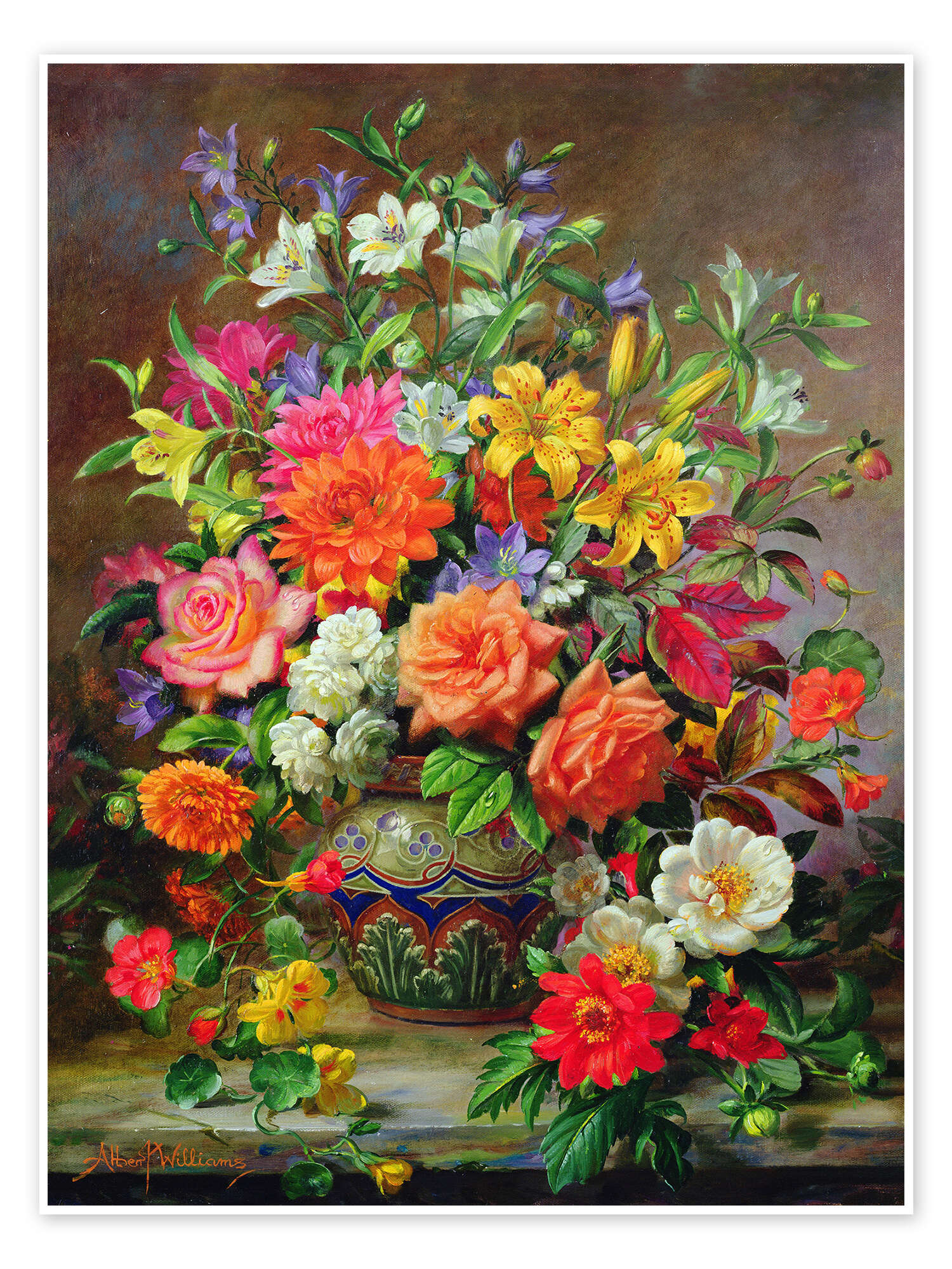 Blumen-Ölgemälde – Arrangement aus Lilien und Rosen
