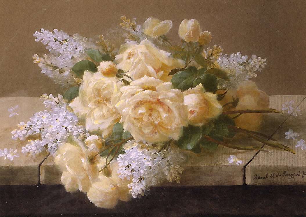 Blumen Ölgemälde - Creme Rosen und Lila Blumenstrauß
