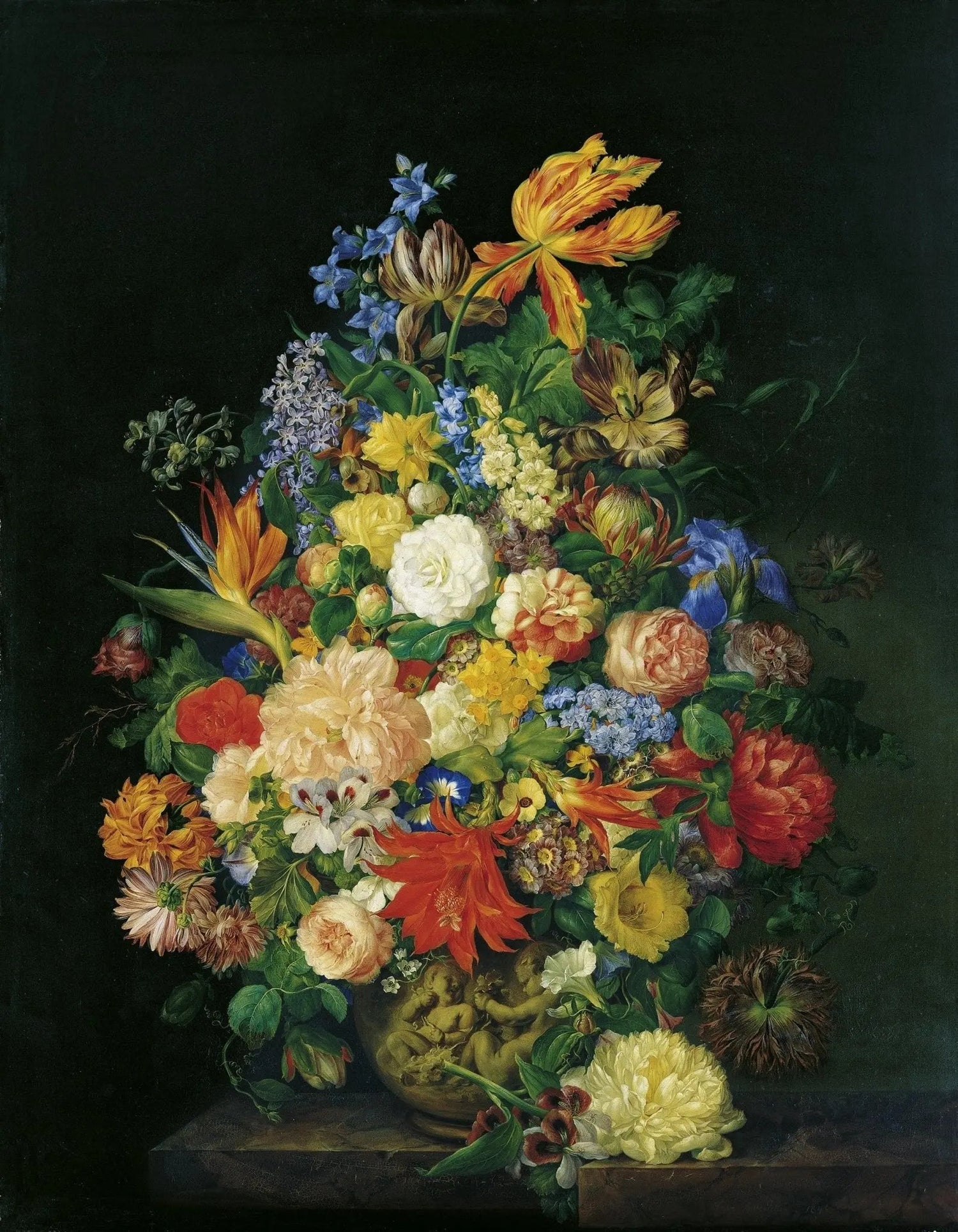 Floral Oil Painting - Detailed Bouquet in Ornate Vase Wall Art - Oil Painting Haven