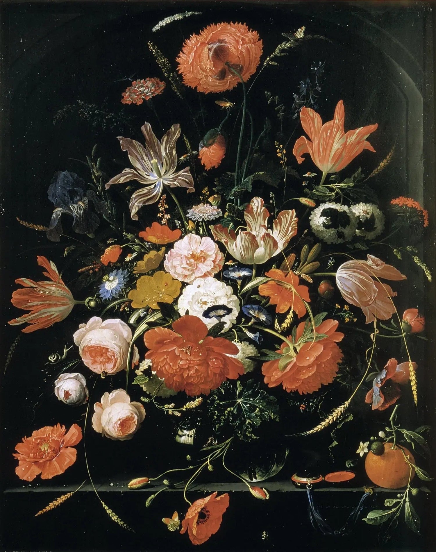 Floral Oil Painting - Elaborate Bouquet with Orange and Insects - Oil Painting Haven
