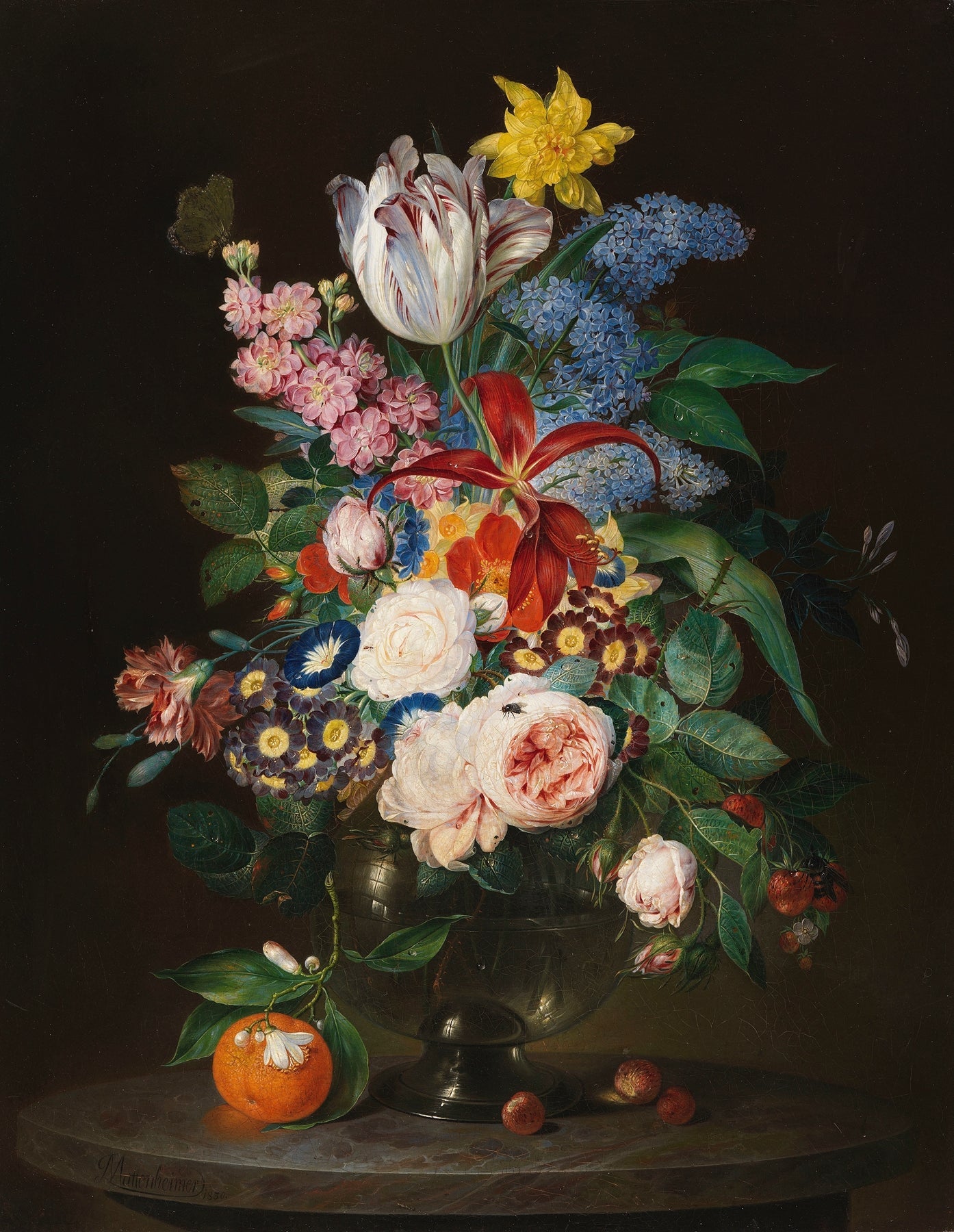 Blumen-Ölgemälde - Eleganter Strauß mit Tulpe, Flieder und Rosen