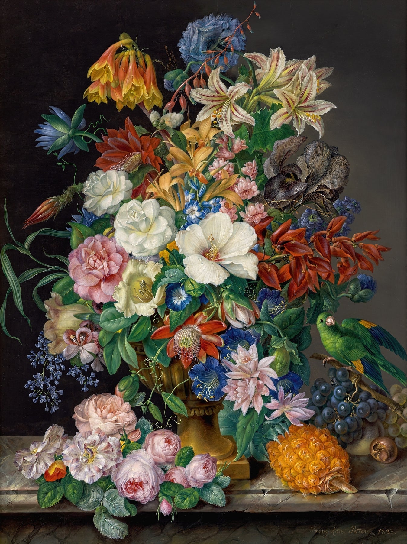 Florales Ölgemälde - Exotischer Blumenstrauß mit Papagei und Früchten
