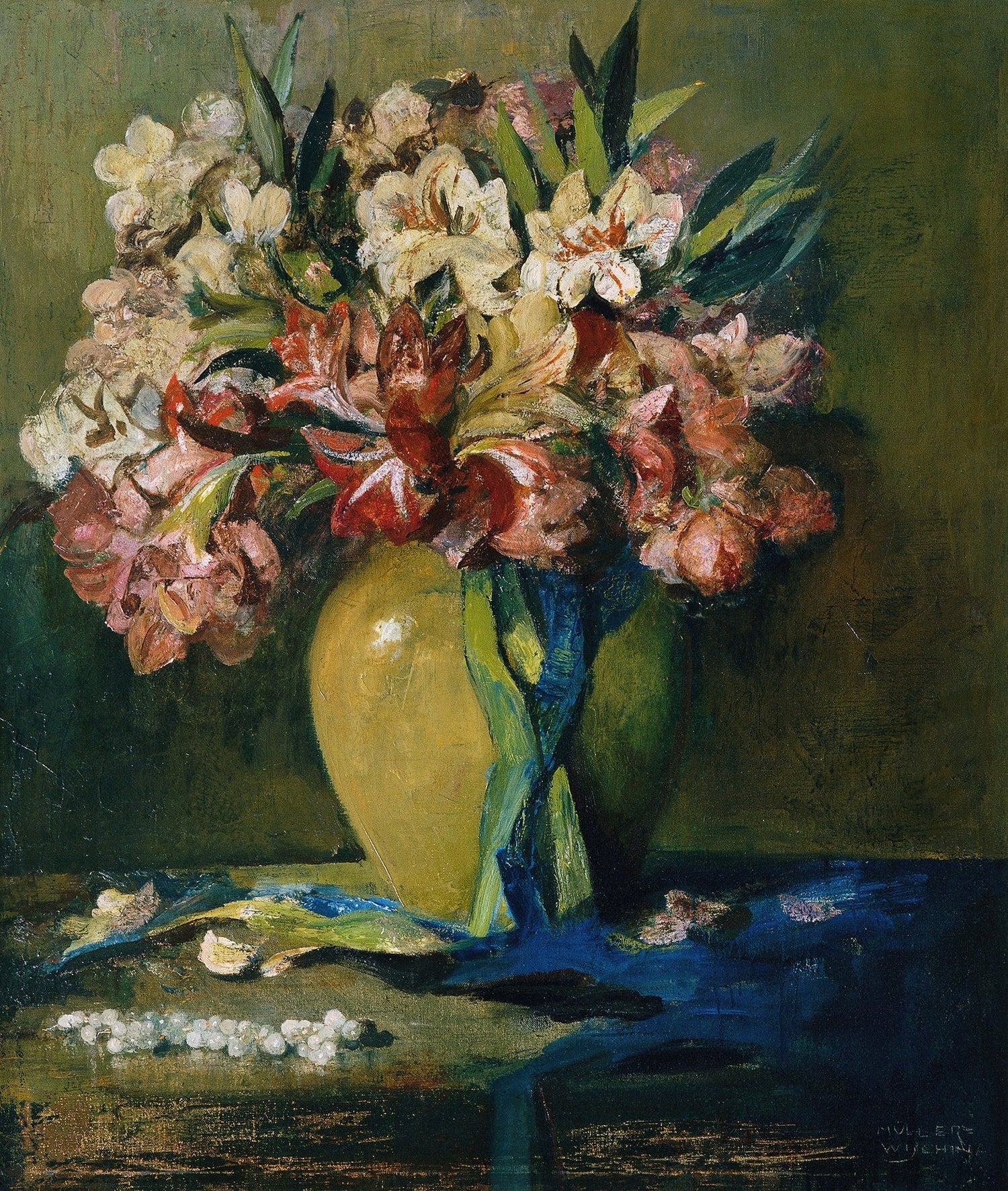 Blumen-Ölgemälde – Expressiver Lilienstrauß in gelber Vase