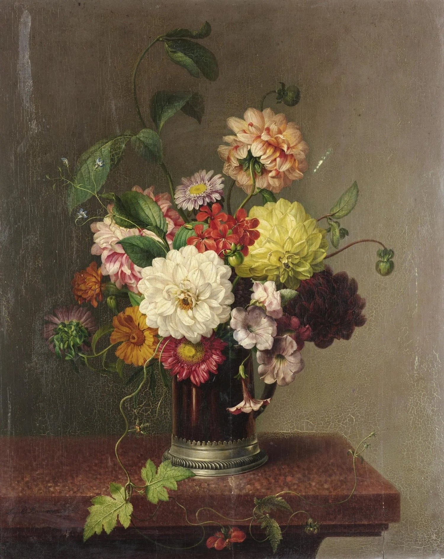 Floral Oil Painting - Mixed Blooms in Metal Pitcher - Oil Painting Haven