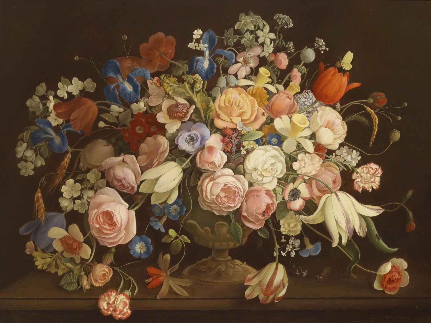 Floral Oil Painting - Mixed Blooms in Ornate Vase with Insects - Oil Painting Haven