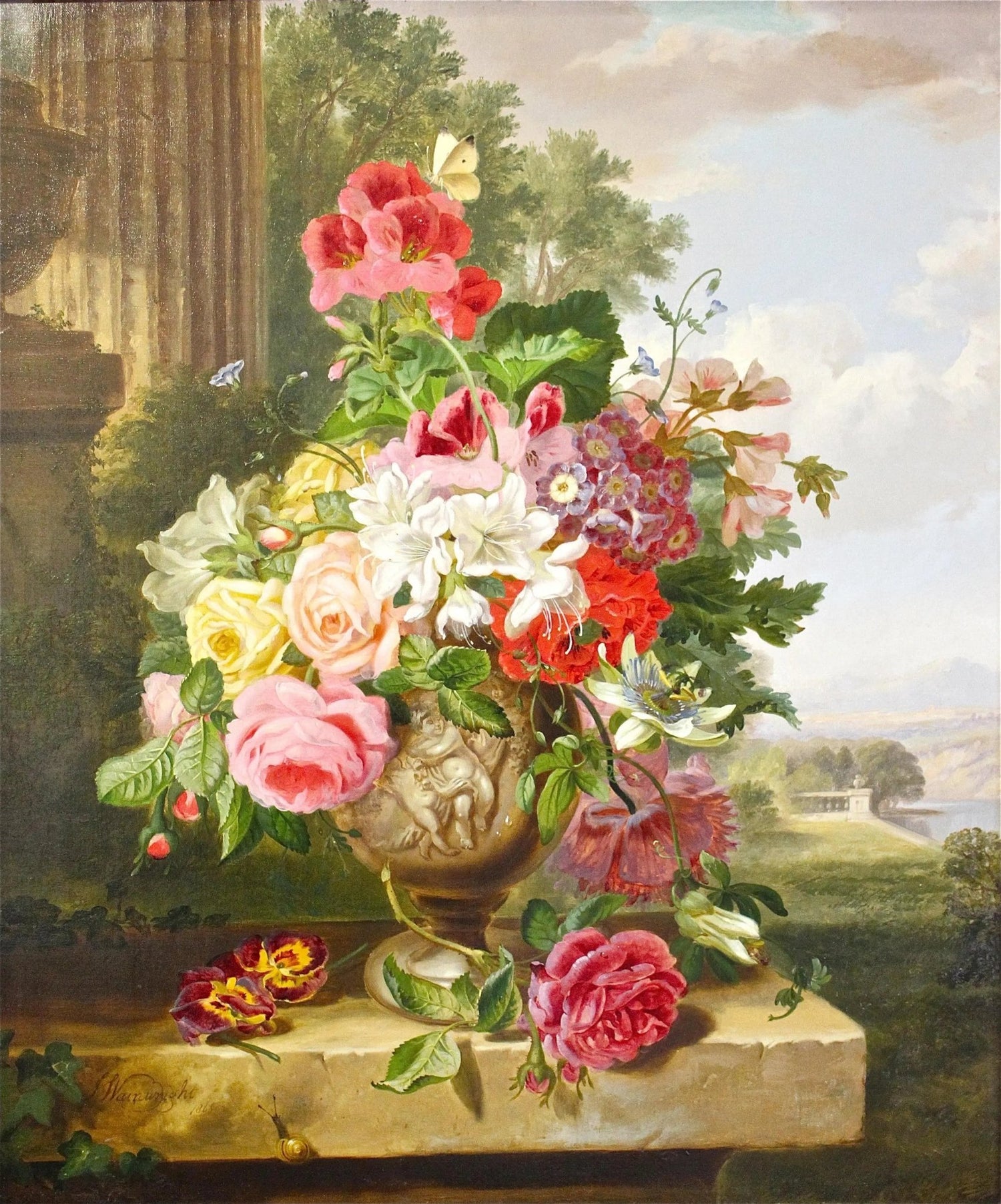 Floral Oil Painting - Mixed Blooms with Landscape Backdrop - Oil Painting Haven