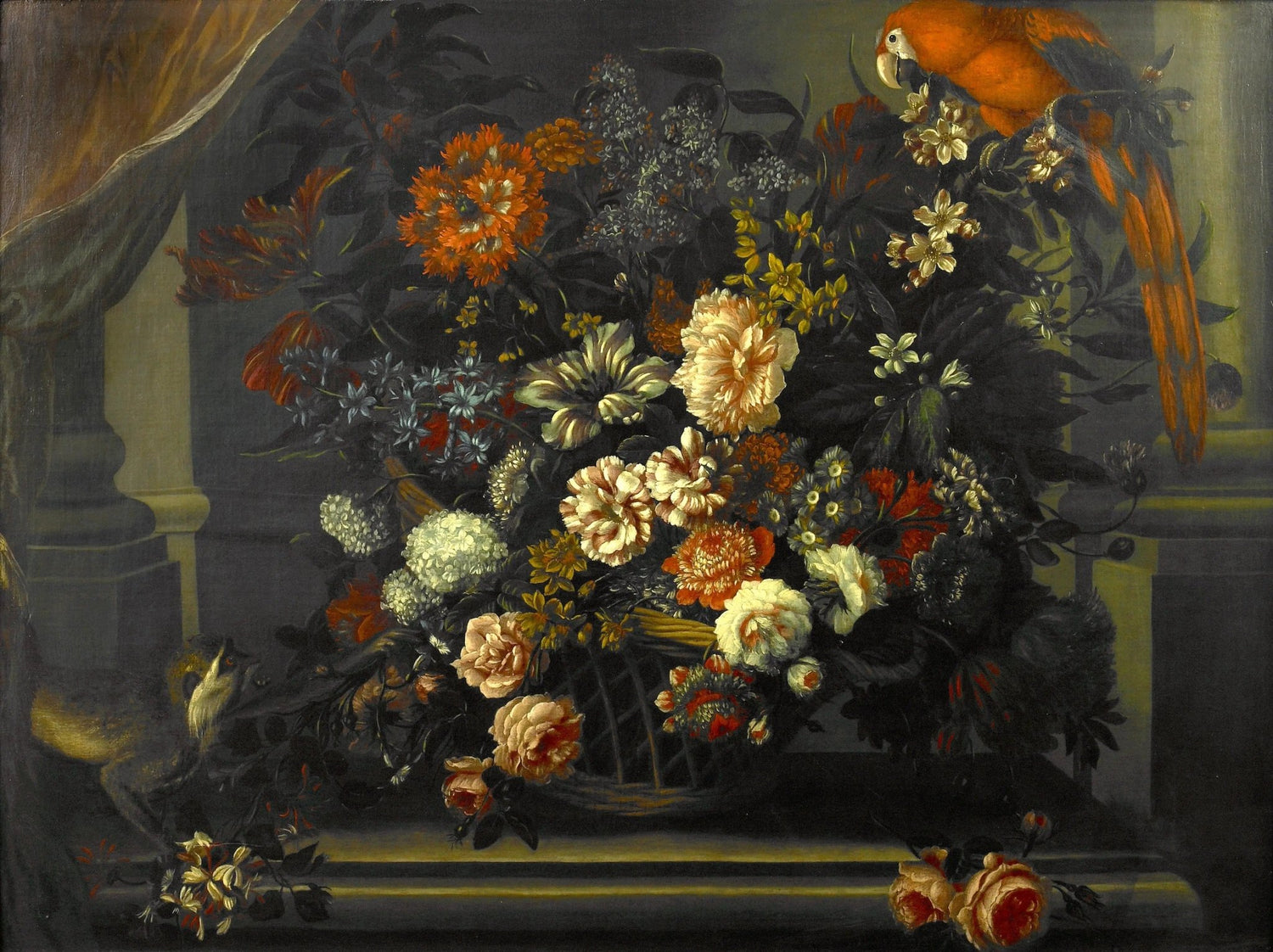 Floral Oil Painting - Mixed Blooms with Parrot and Squirrel - Oil Painting Haven