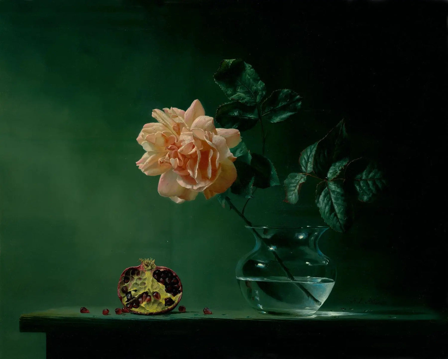 Floral Oil Painting - Peach Rose with Pomegranate - Oil Painting Haven
