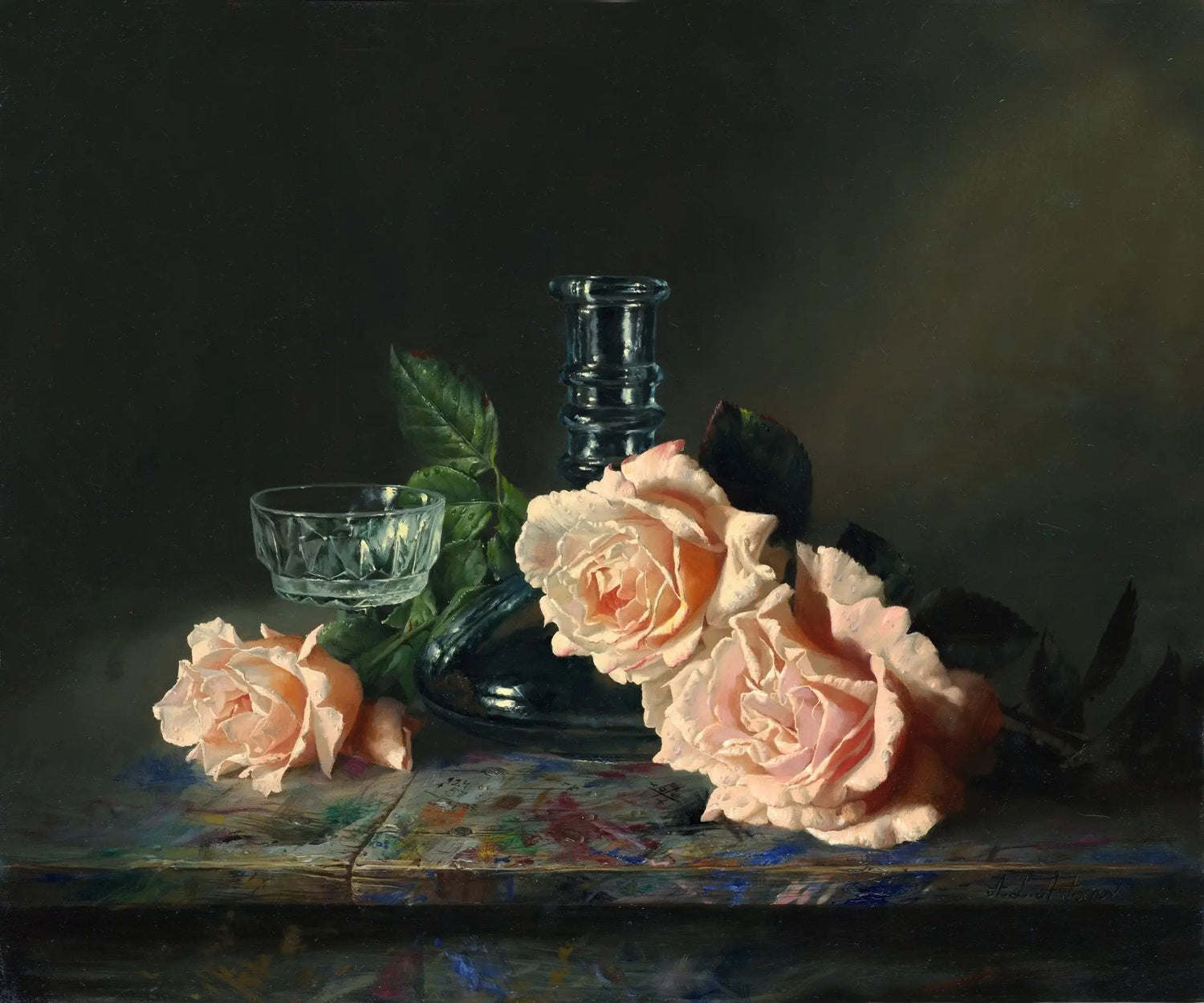 Floral Oil Painting - Peach Roses with Glassware - Oil Painting Haven