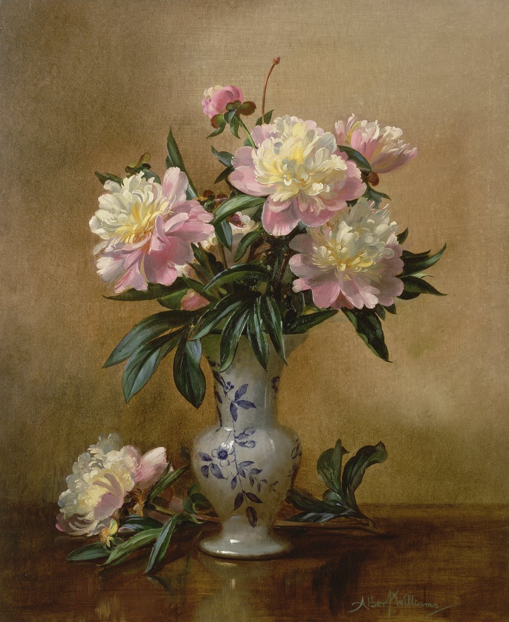Blumenölgemälde – Rosa und weiße Pfingstrosen in Porzellanvase