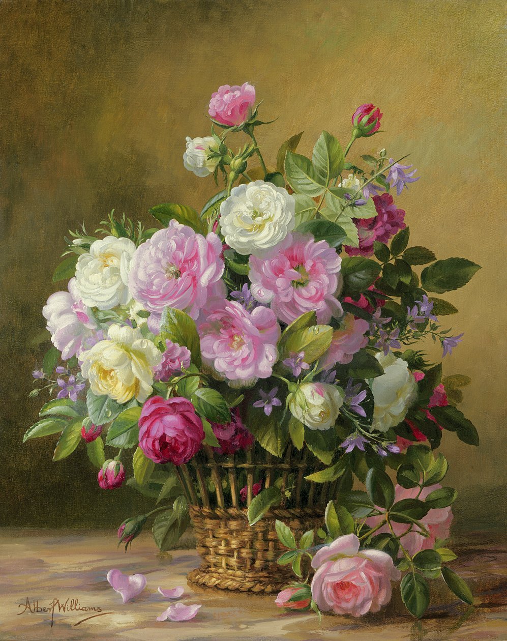 Blumen-Ölgemälde – Rosa und weiße Rosen in Weidenkorb