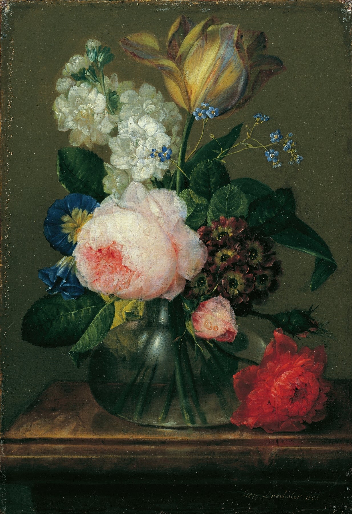 Blumen-Ölgemälde – Rosa Blumen in blauer Glasvase