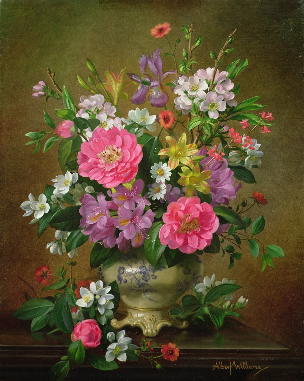 Florales Ölgemälde – Rosa Pfingstrosen und Iris in Keramikvase