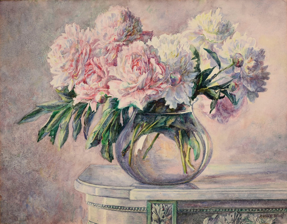 Floral Oil Painting - Pink Peonies in Glass Vase Still Life - Oil Painting Haven