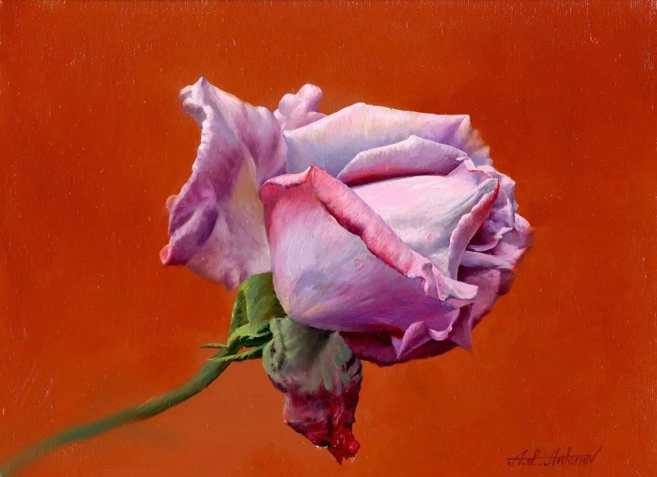 Floral Oil Painting | Pink - Purple Rose on Orange - Oil Painting Haven