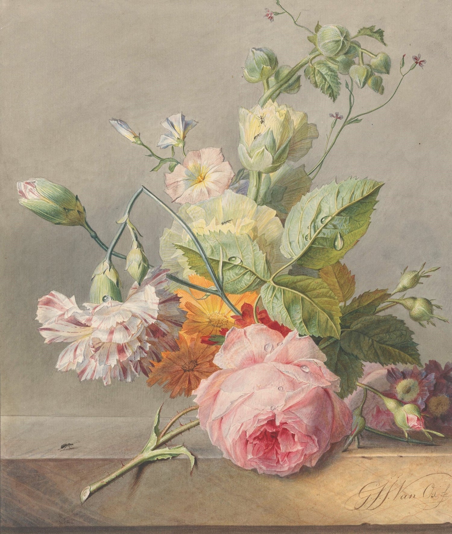 Blumenölgemälde – Rosa Rosen- und Gartenblumenstrauß