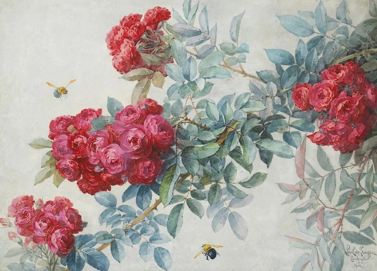 Blumen-Ölgemälde – Rosa Rosenzweige mit Bienen in voller Blüte