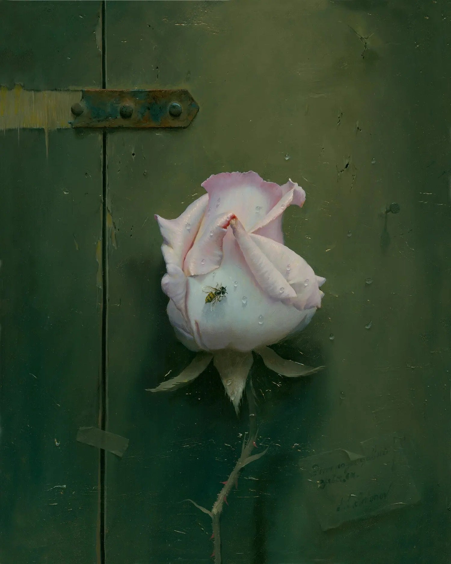 Floral Oil Painting - Pink Rose with Insect on Green Background - Oil Painting Haven