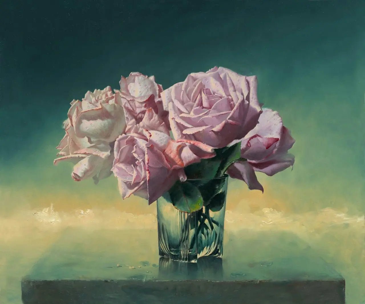 Floral Oil Painting - Pink Roses in Glass Vase - Oil Painting Haven