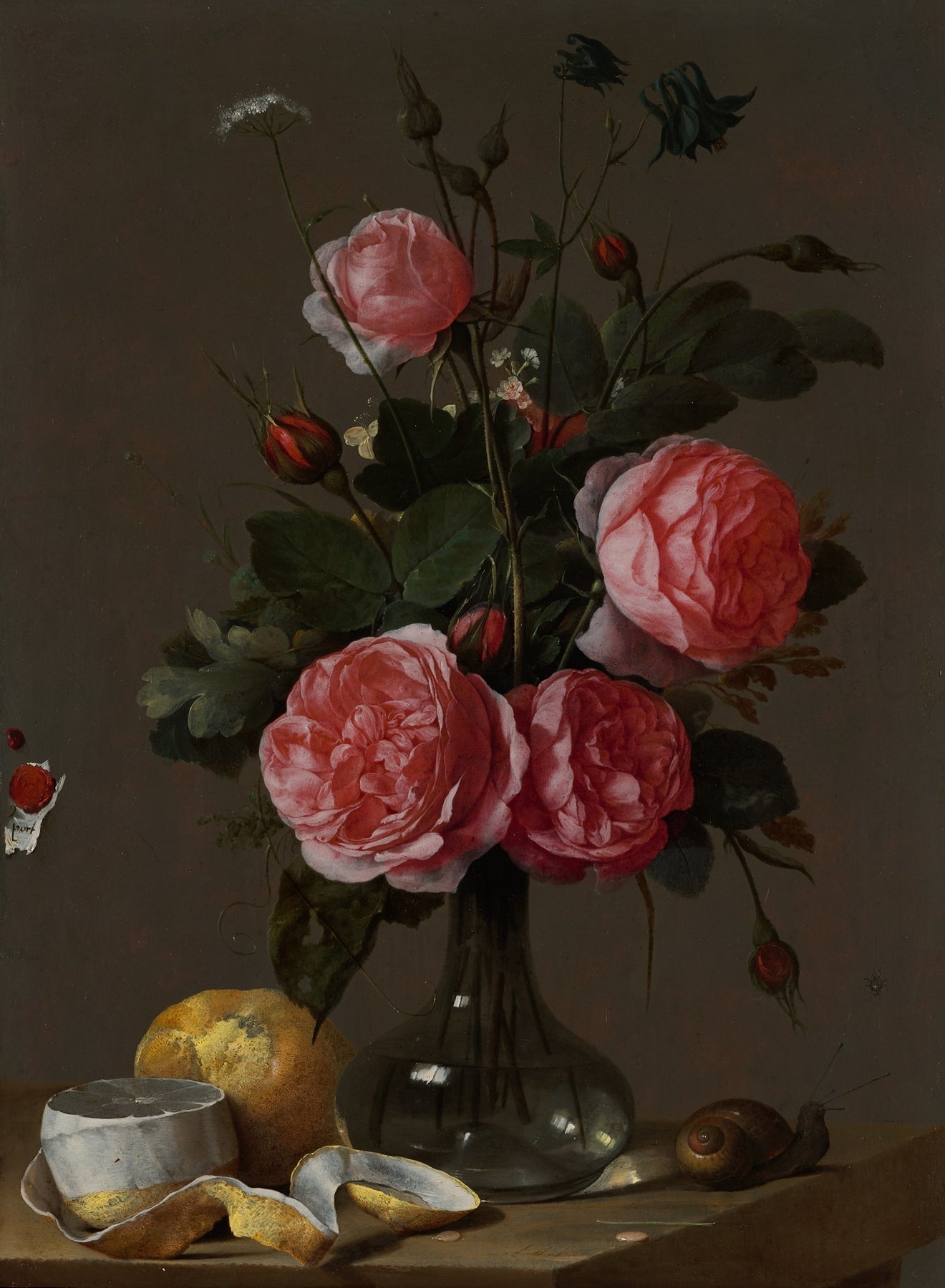 Florales Ölgemälde - Stillleben mit rosa Rosen und Zitronenschale