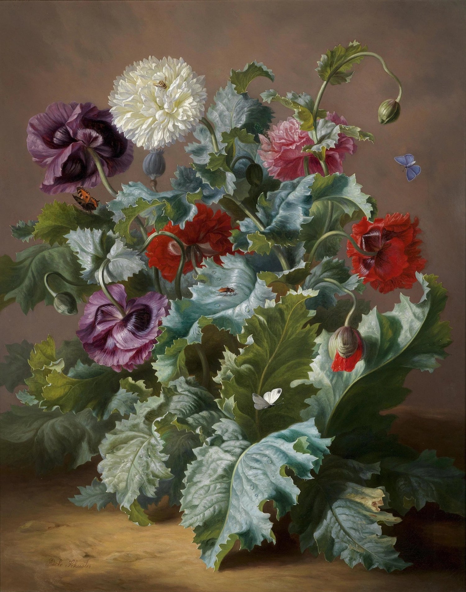 Floral Oil Painting - Poppies with Butterflies and Insects - Oil Painting Haven