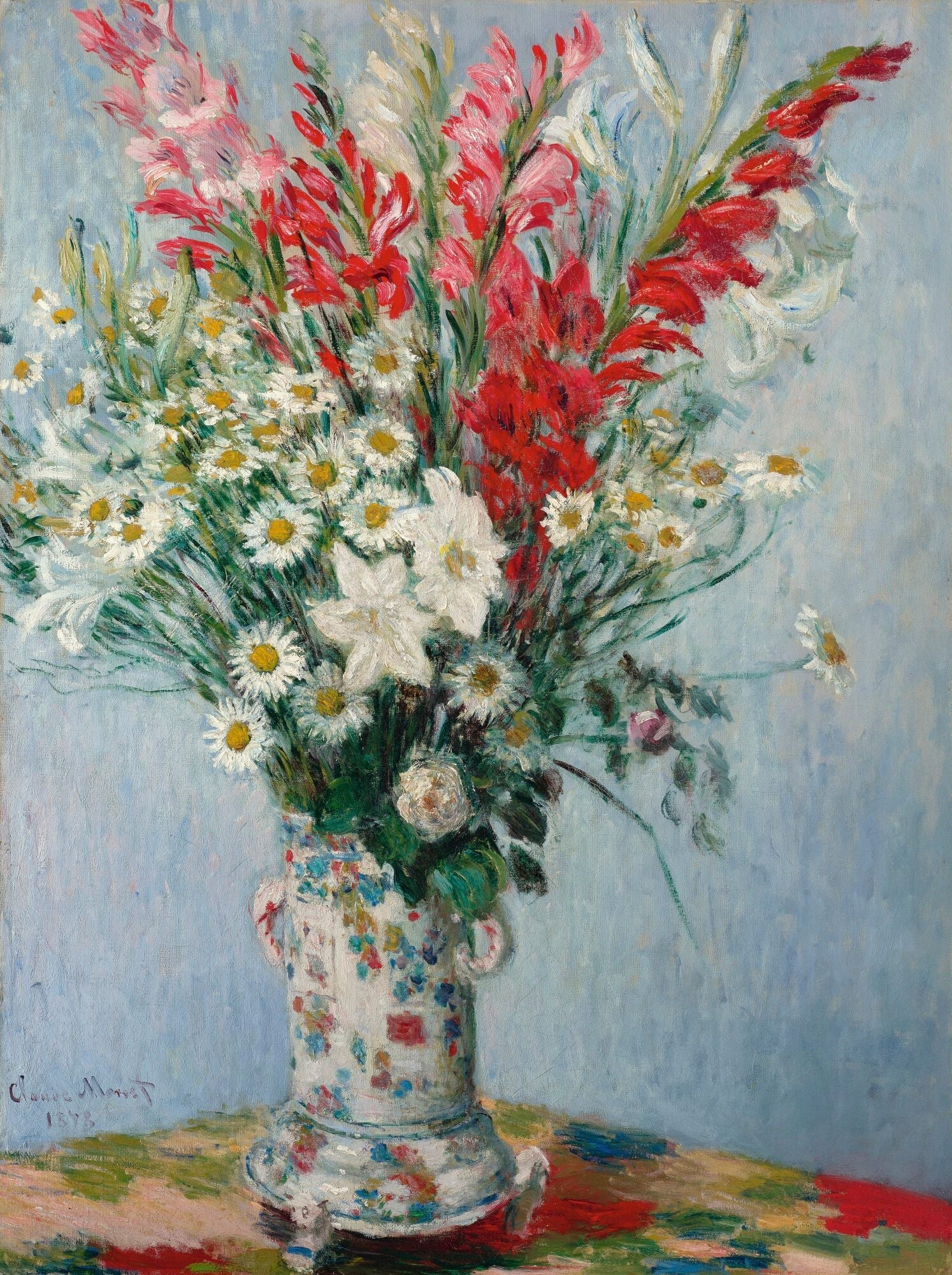 Blumenölgemälde - Rote Gladiolen und Weißer Gänseblümchenstrauß