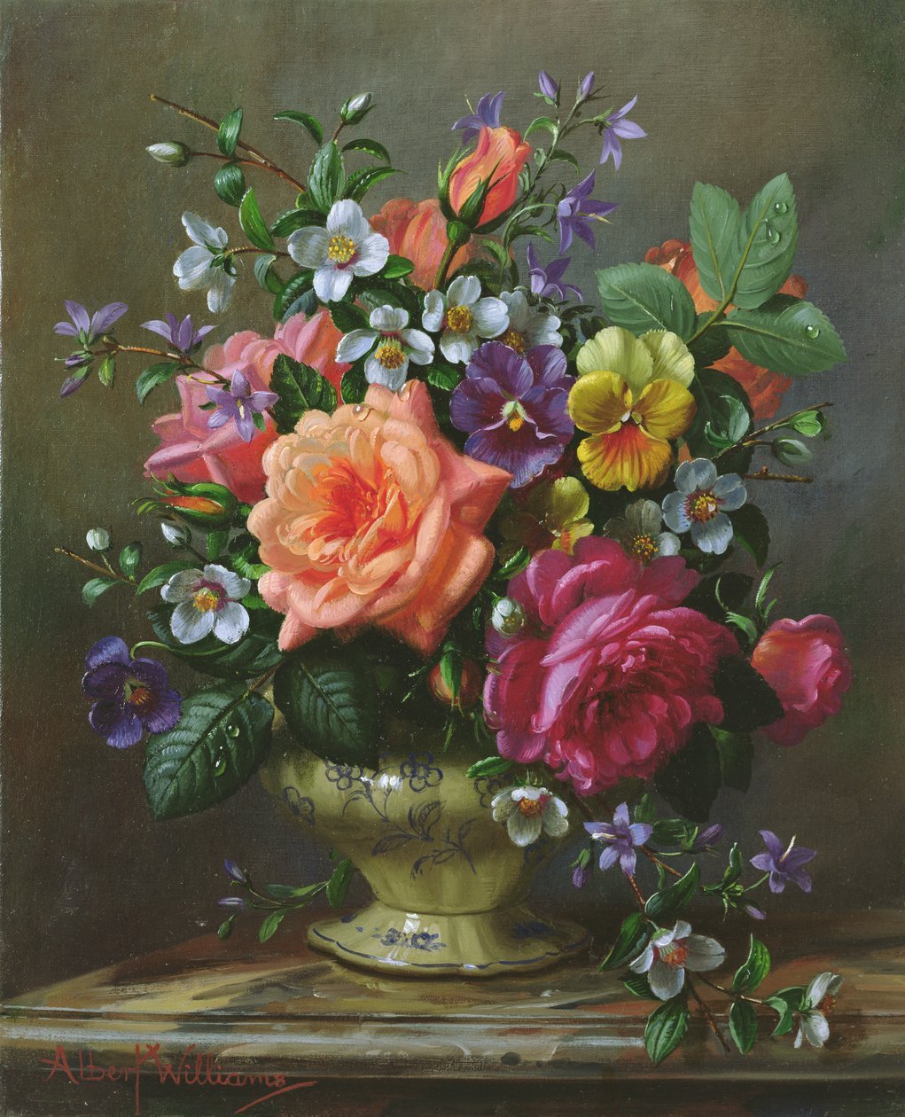 Blumen-Ölgemälde – Arrangement aus Lilien und Rosen
