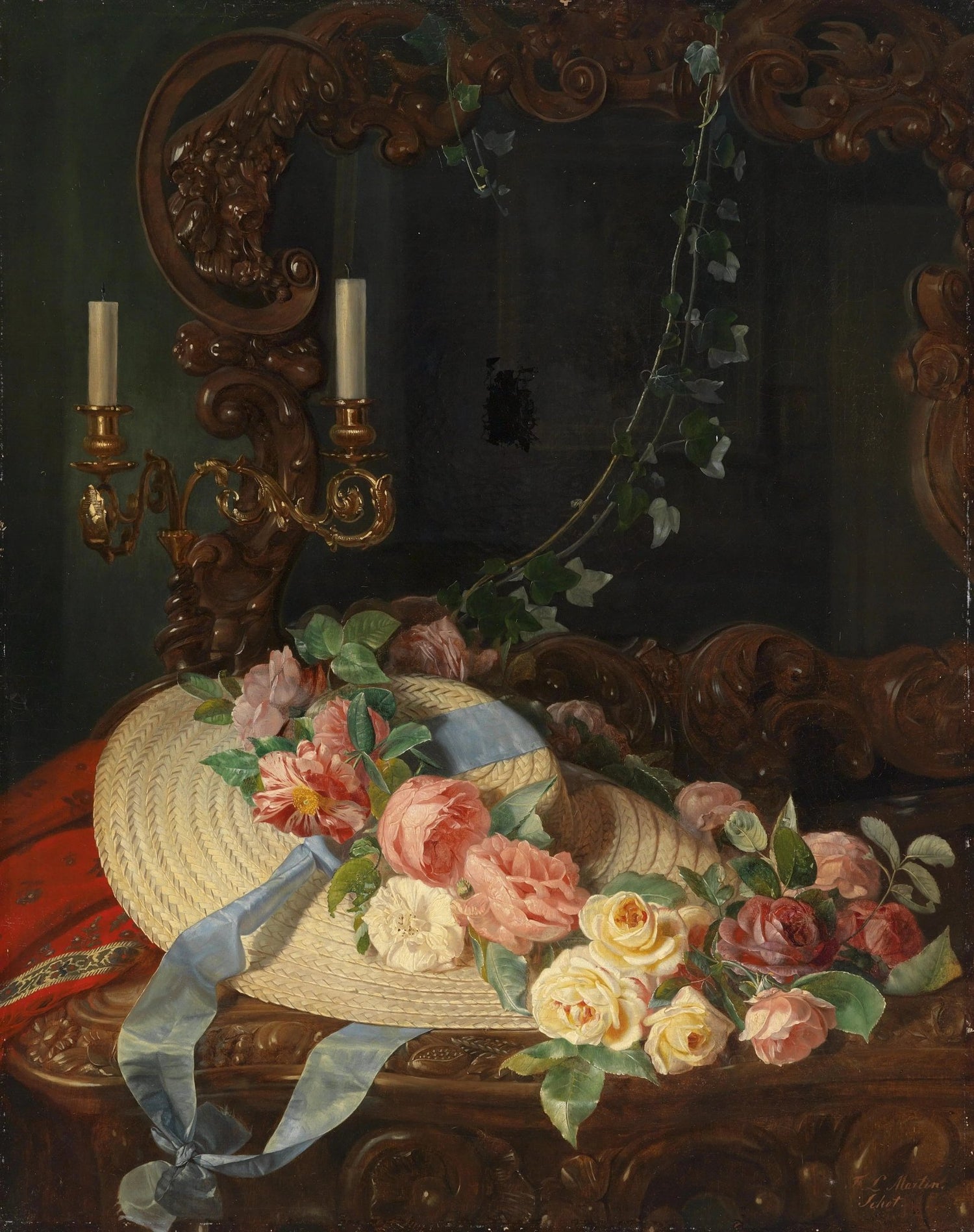 Floral Oil Painting - Roses with Straw Hat and Mirror - Oil Painting Haven