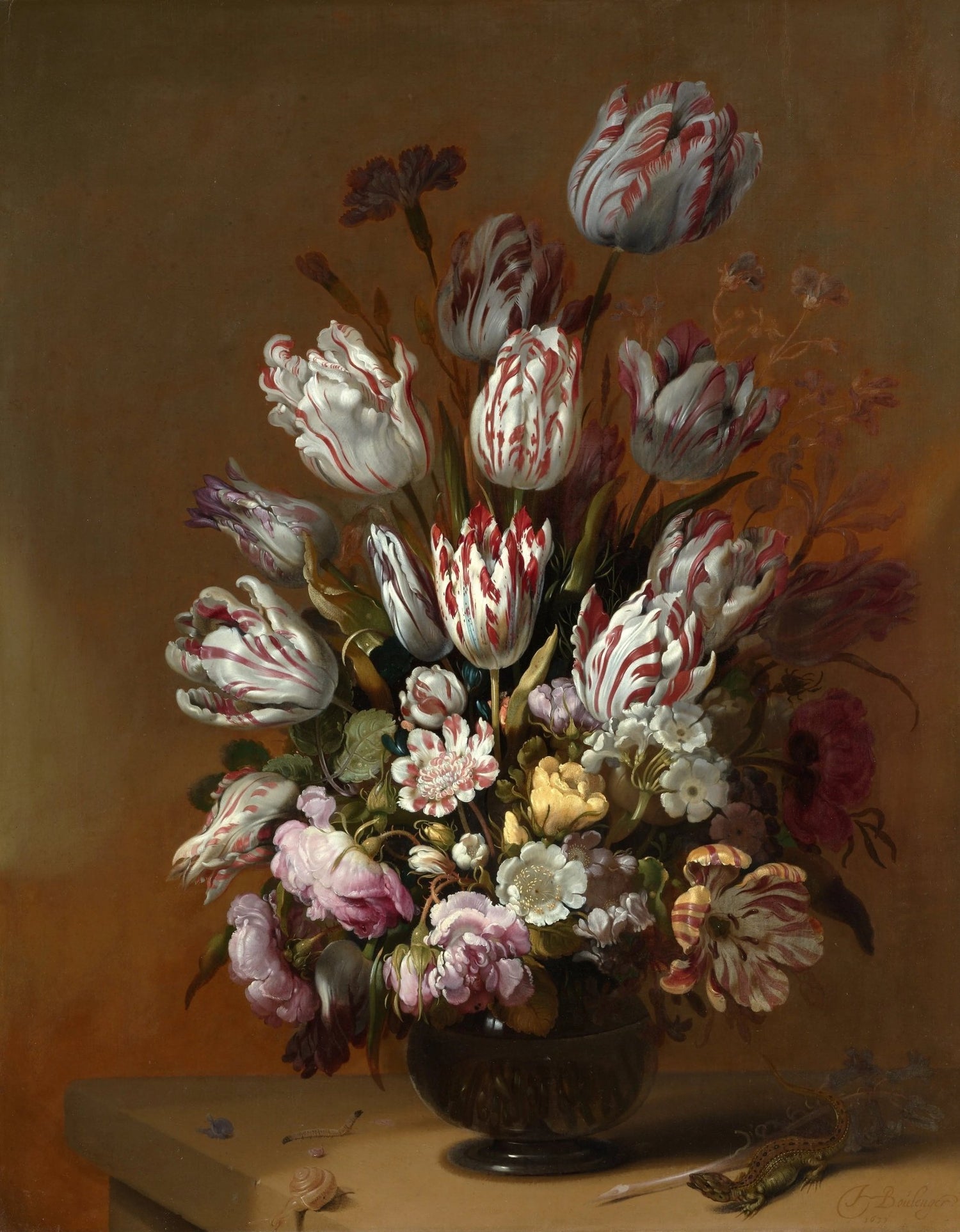 Floral Oil Painting - Tulips and Blooms with Creatures - Oil Painting Haven