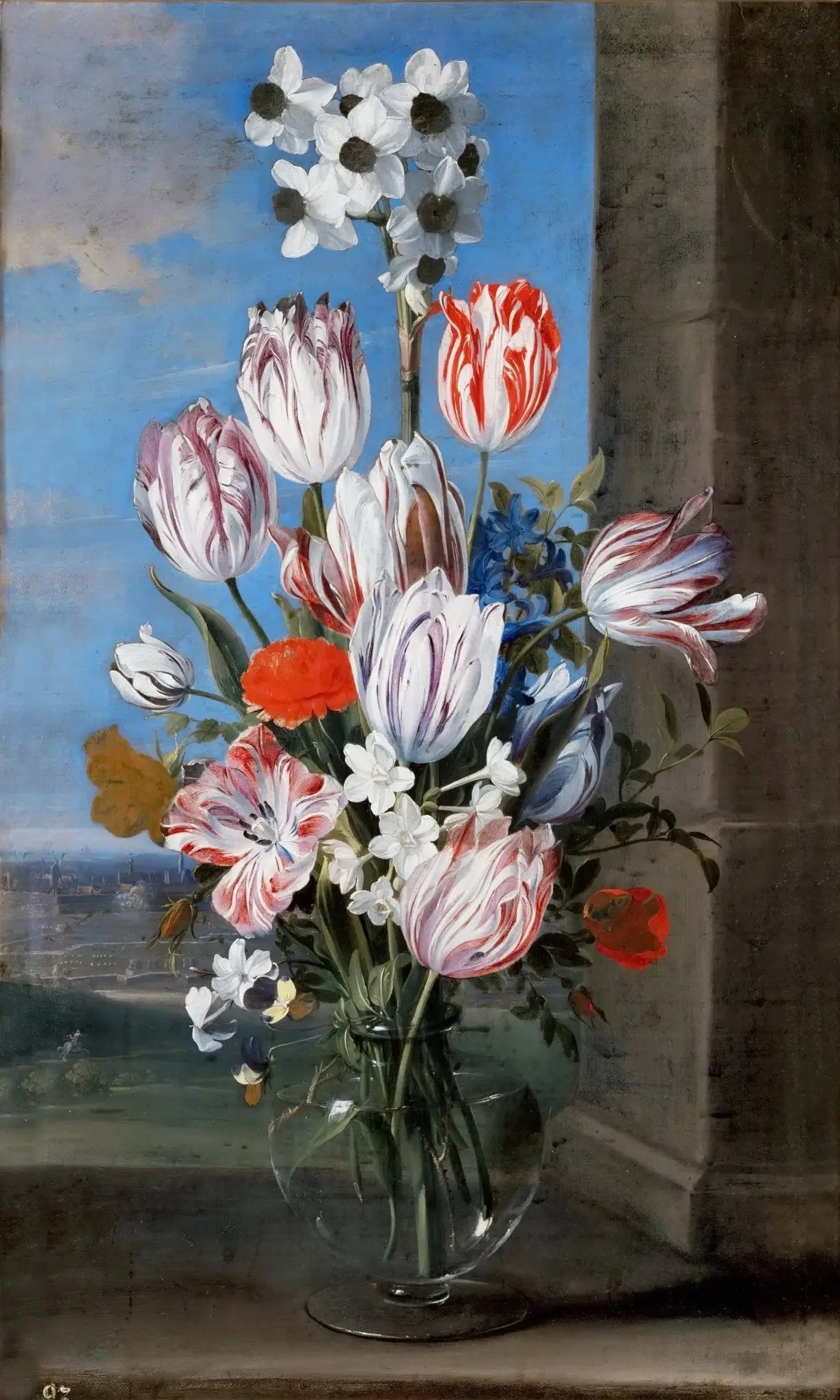 Floral Oil Painting - Tulips in Glass Vase with Scenic View - Oil Painting Haven