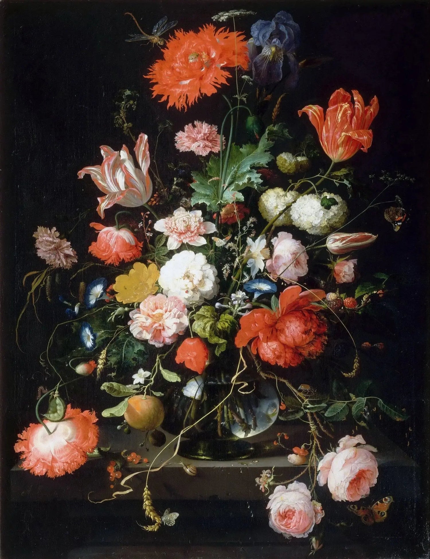 Floral Oil Painting - Vibrant Bouquet with Fruits and Insects - Oil Painting Haven