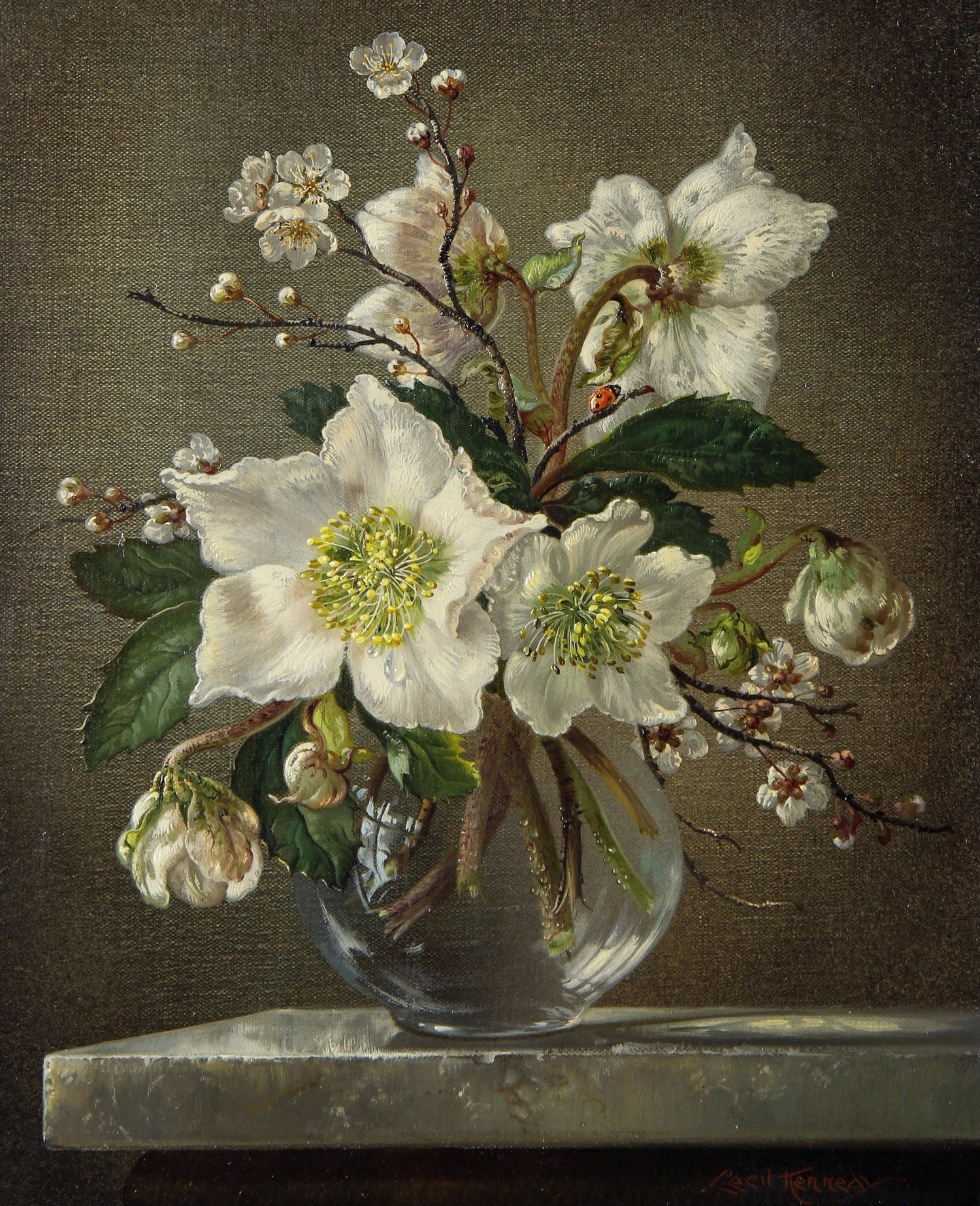 Floral Oil Painting - White Blossoms in Glass Vase Still Life - Oil Painting Haven