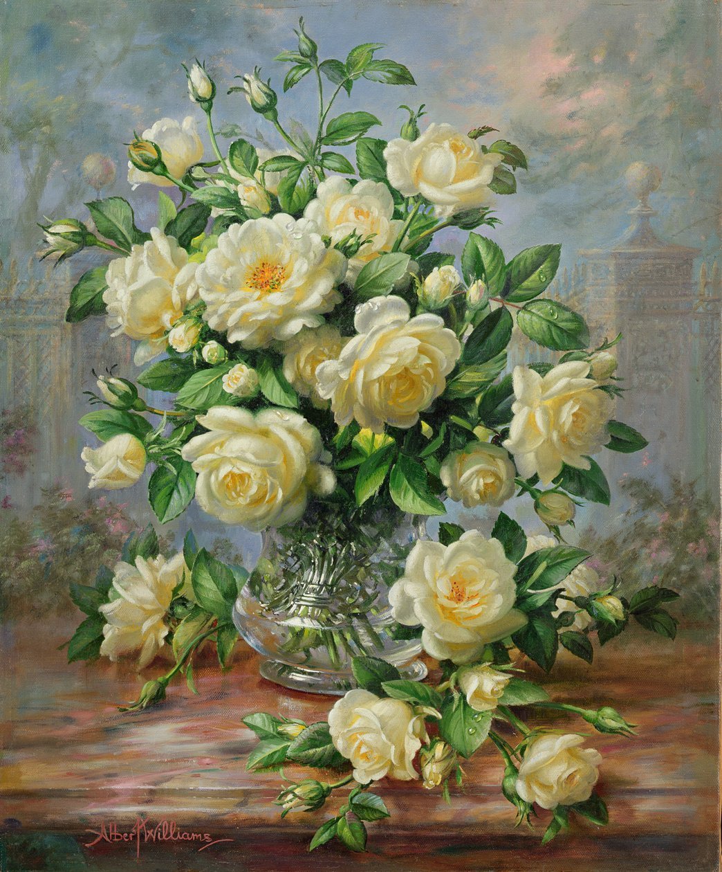 Blumen-Ölgemälde – Arrangement aus Lilien und Rosen
