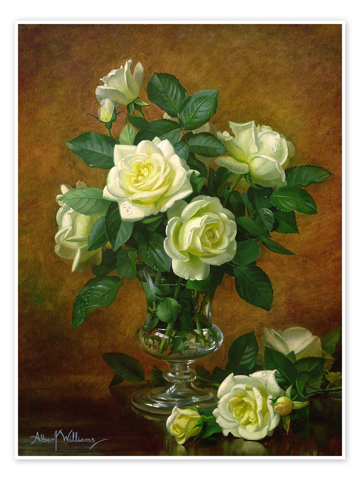 Blumen-Ölgemälde – Weiße Rosen in Glasvase Stillleben