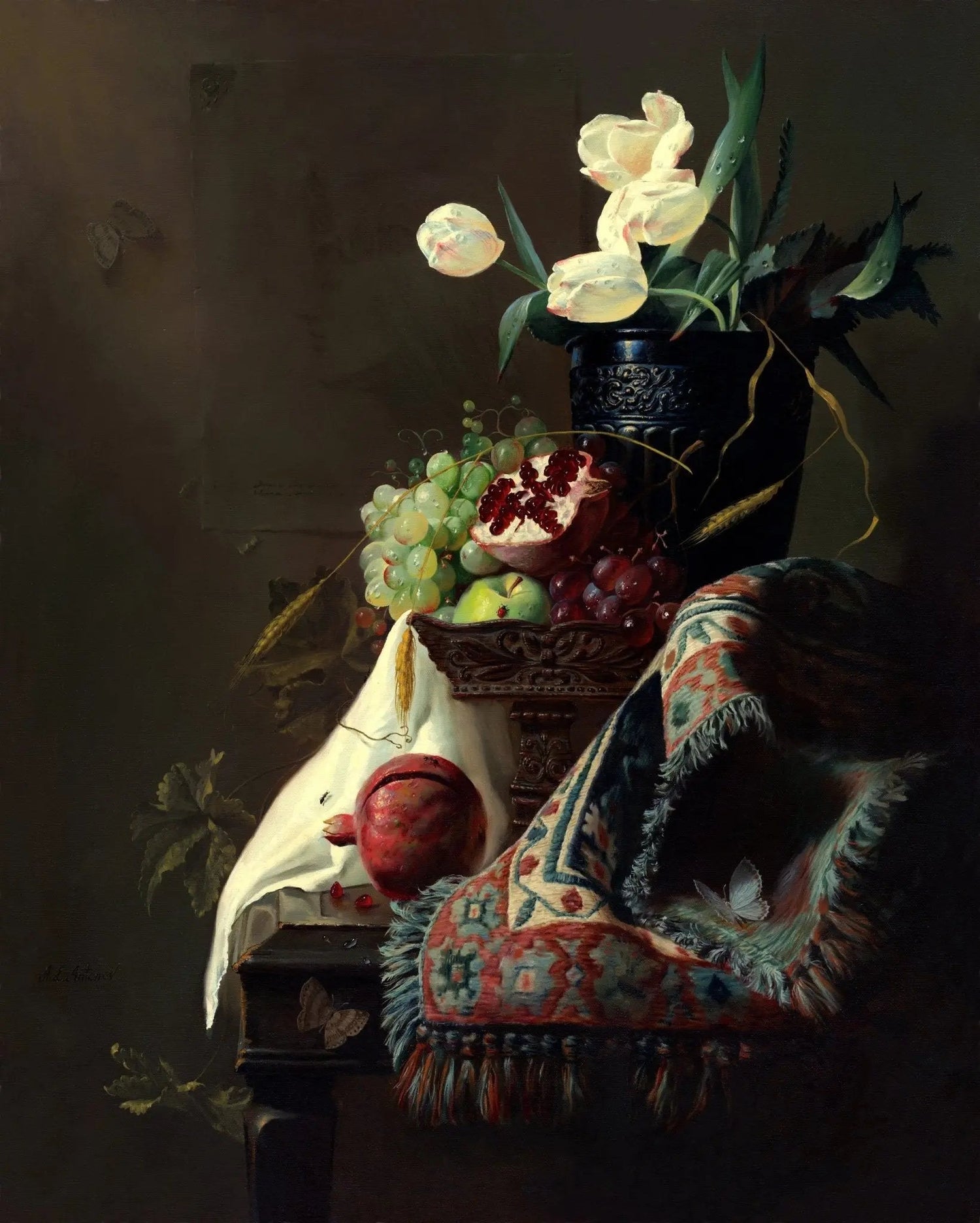 Floral Oil Painting - White Tulips with Fruits and Textiles - Oil Painting Haven