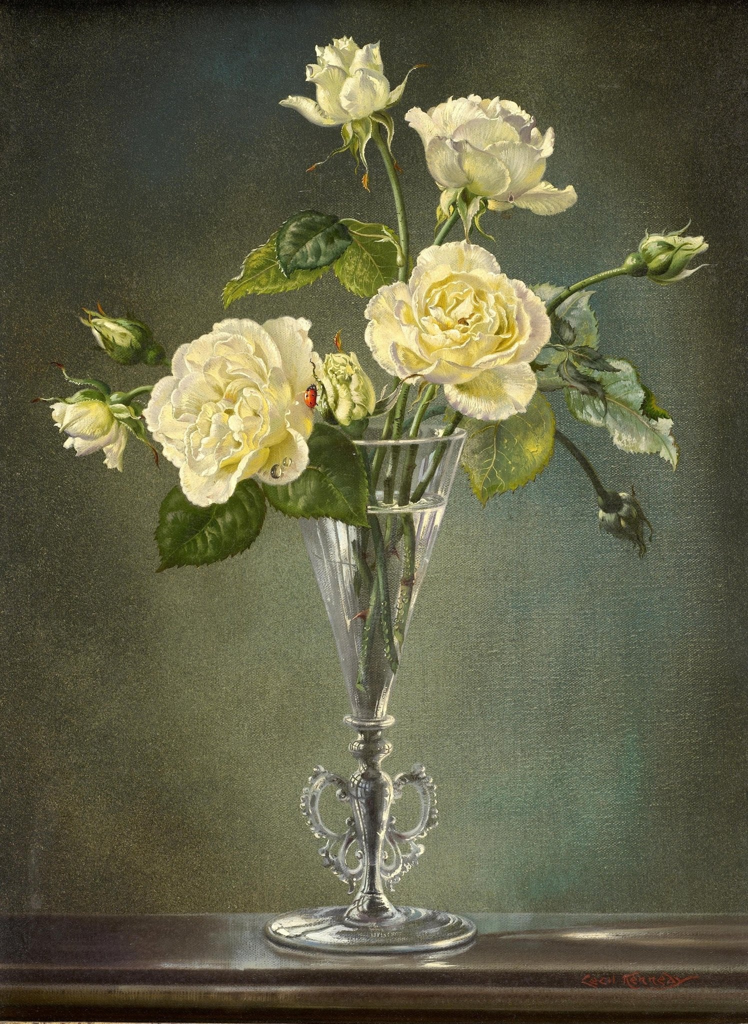 Floral Oil Painting - Yellow Roses in Crystal Vase Still Life - Oil Painting Haven
