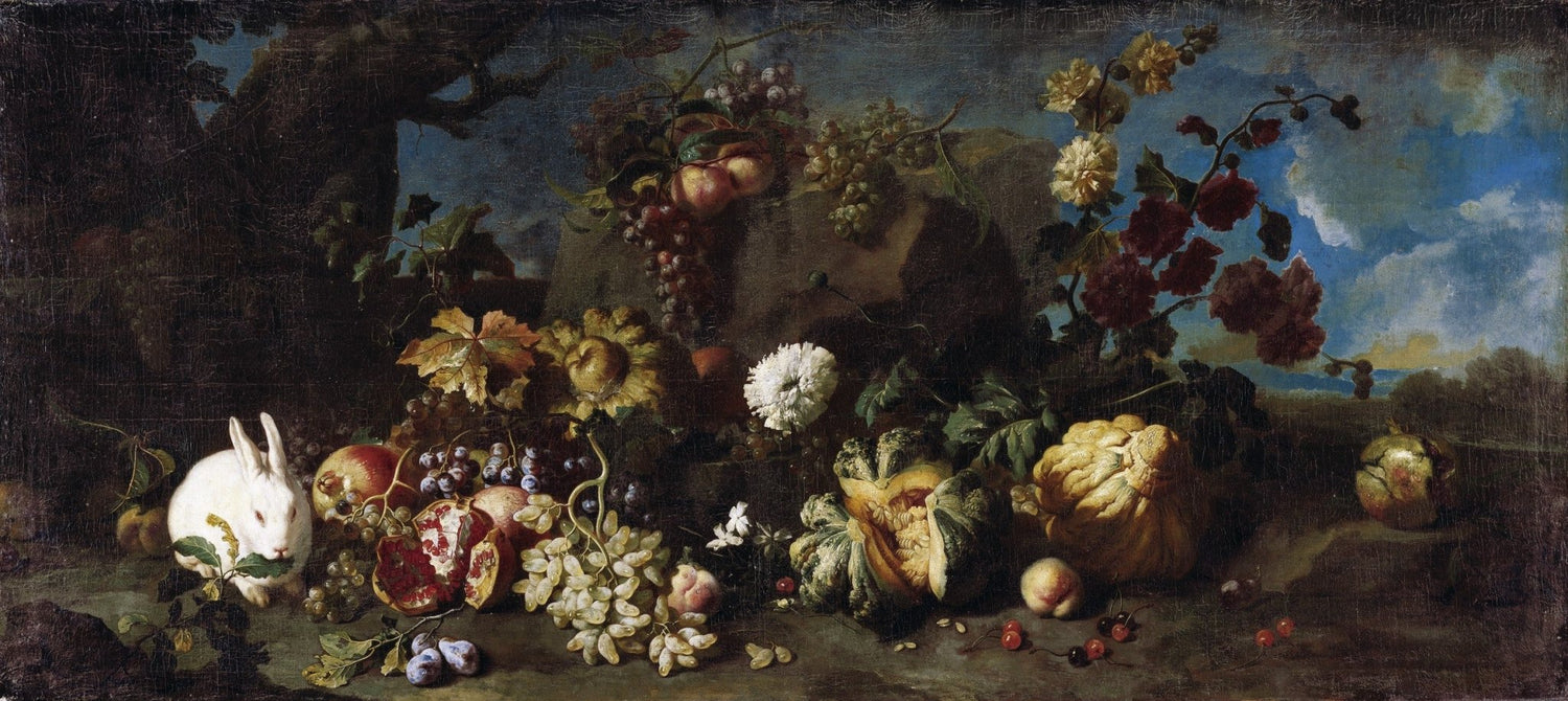 Flowers, Fruits and White Rabbit - Still Life Oil Painting - Oil Painting Haven