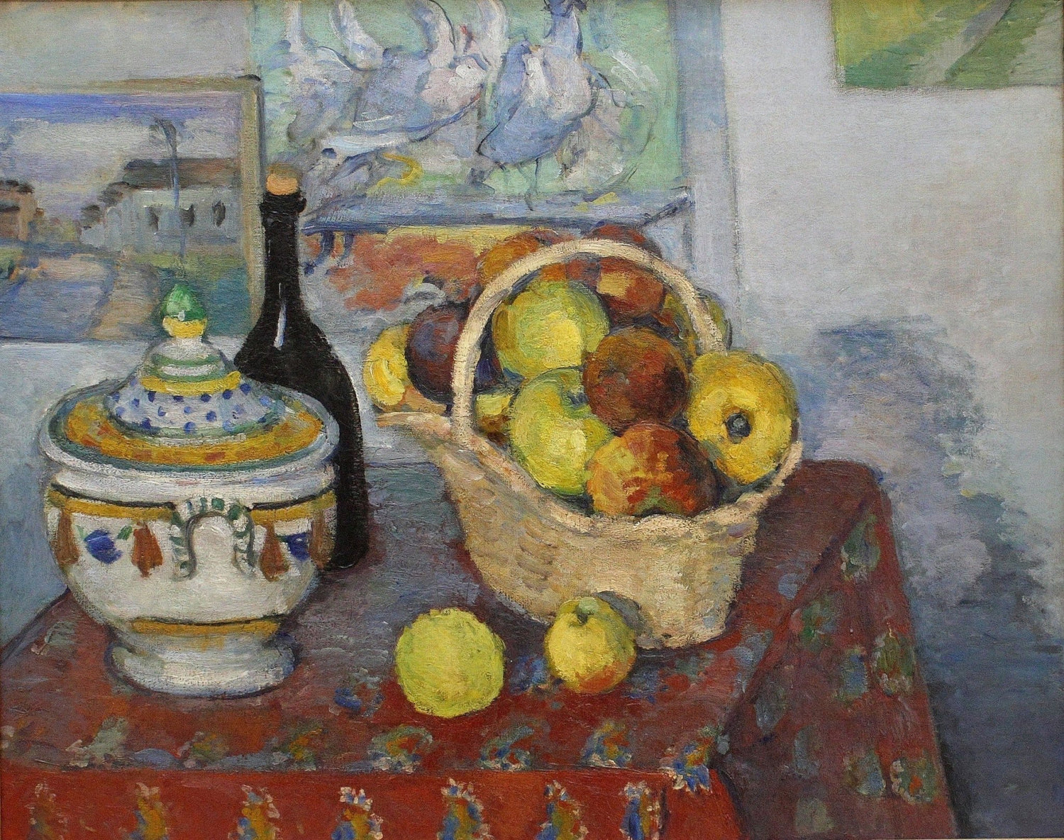 Fruit Basket with Bottle and Bowl - Still Life Oil Painting - Oil Painting Haven