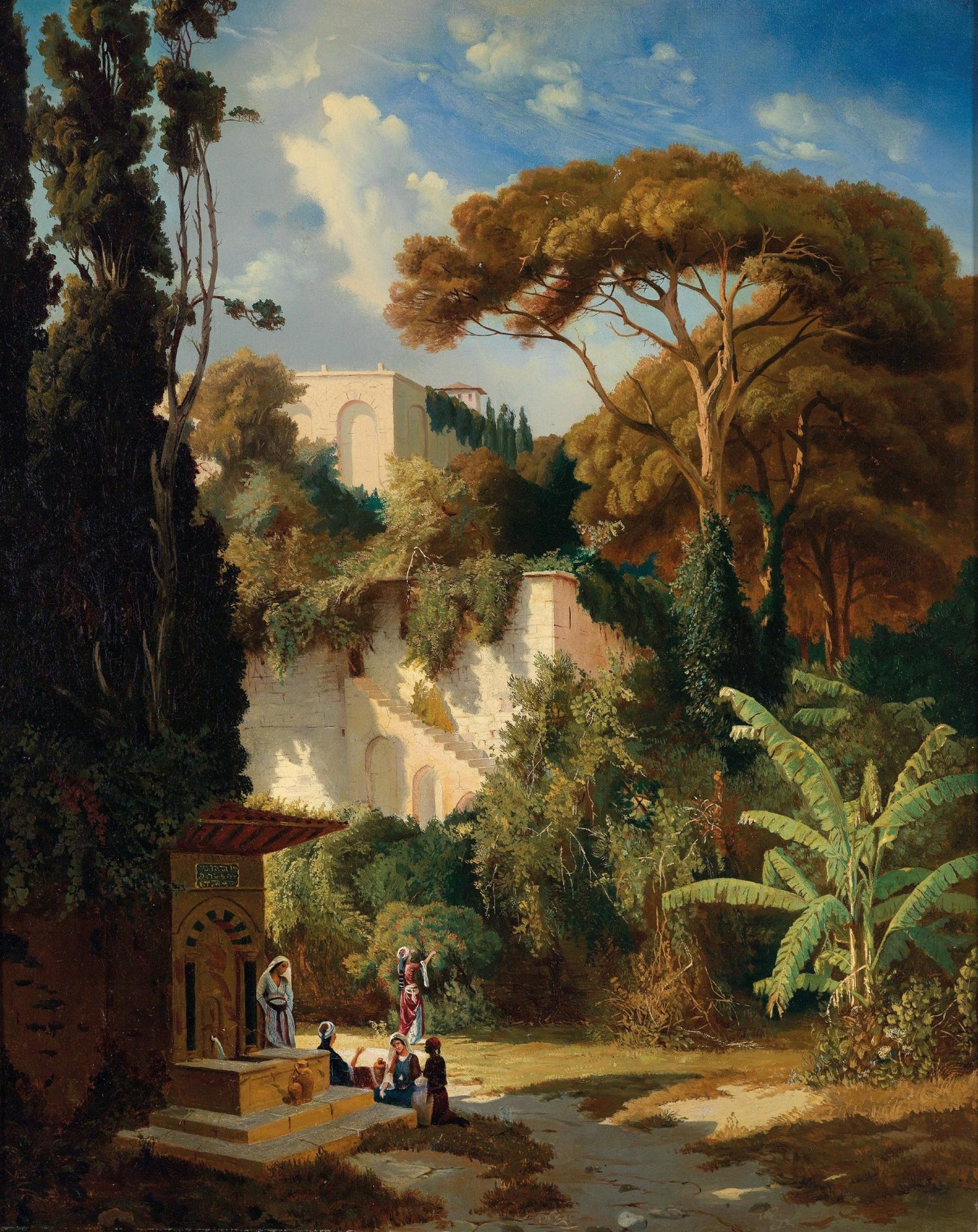 Garden with Ancient Ruins & Tropical Foliage – Landscape Oil Painting - Oil Painting Haven