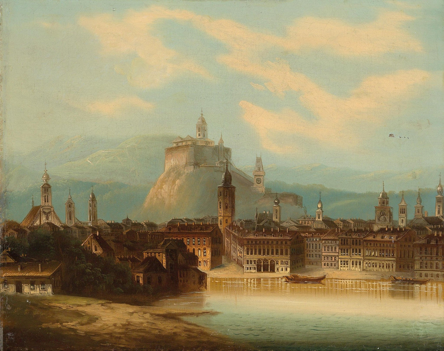 Grand European Cityscape, River, Fortress – Landscape Oil Painting - Oil Painting Haven