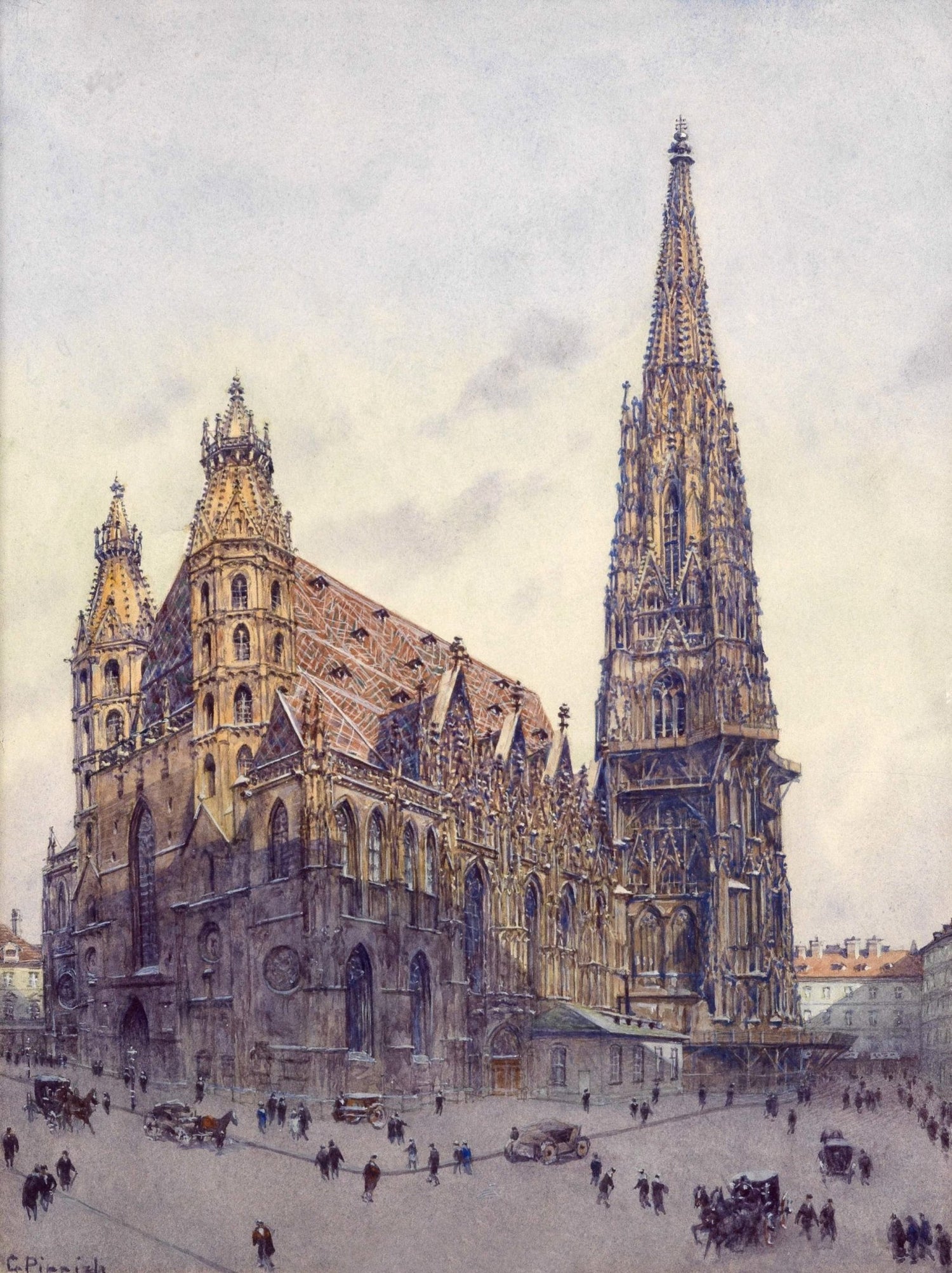 Grand Gothic Cathedral Square with City Life – Landscape Oil Painting - Oil Painting Haven