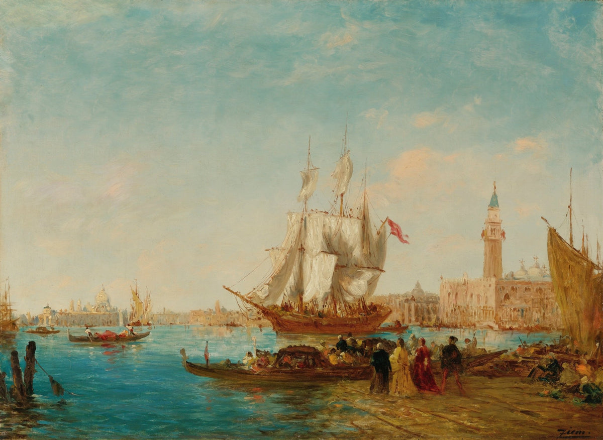 Hand-painted grand Venetian harbor scene nautical oil painting on canvas