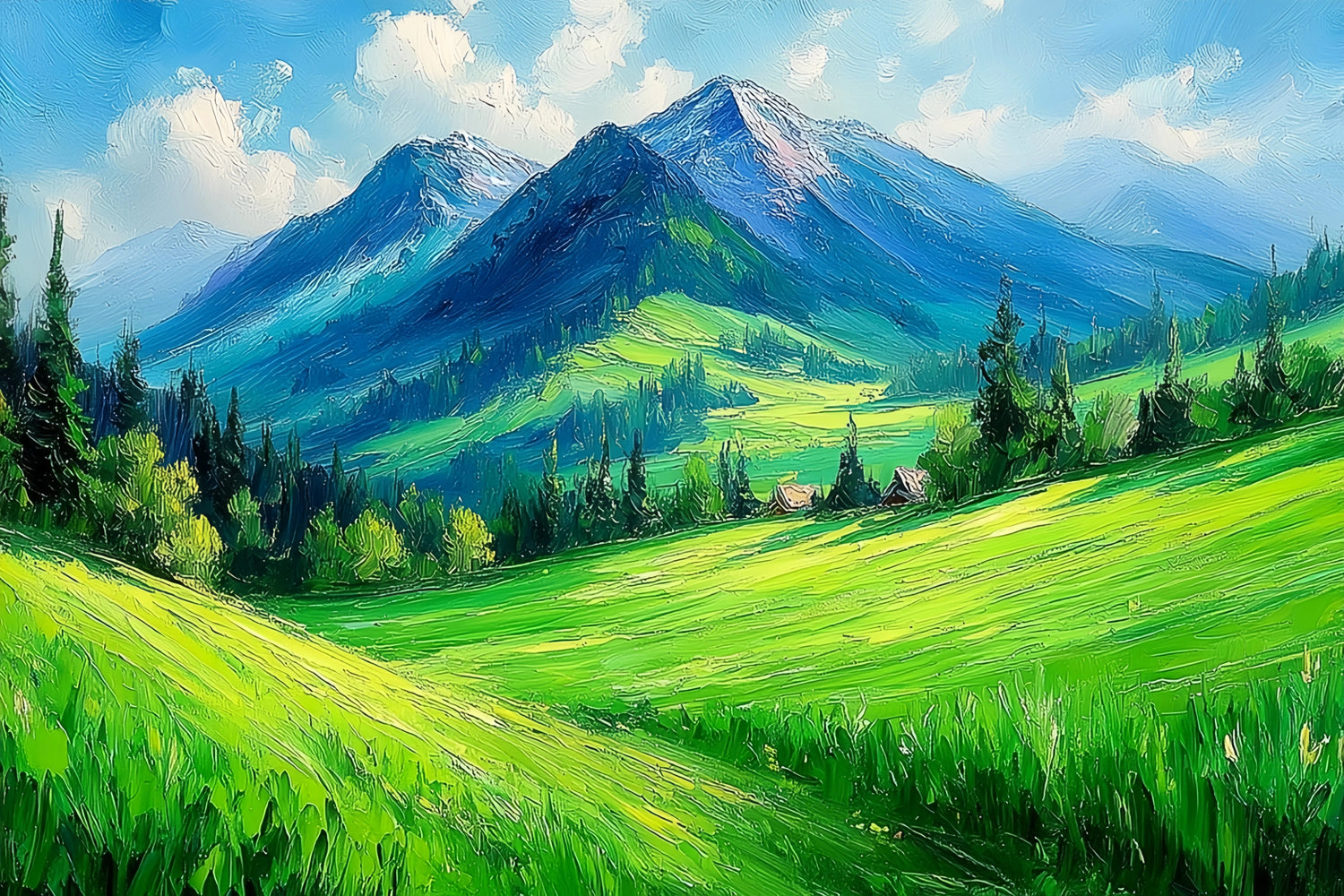 Green Valley Snowy Mountains Original Oil Painting For Sale - Oil Painting Haven