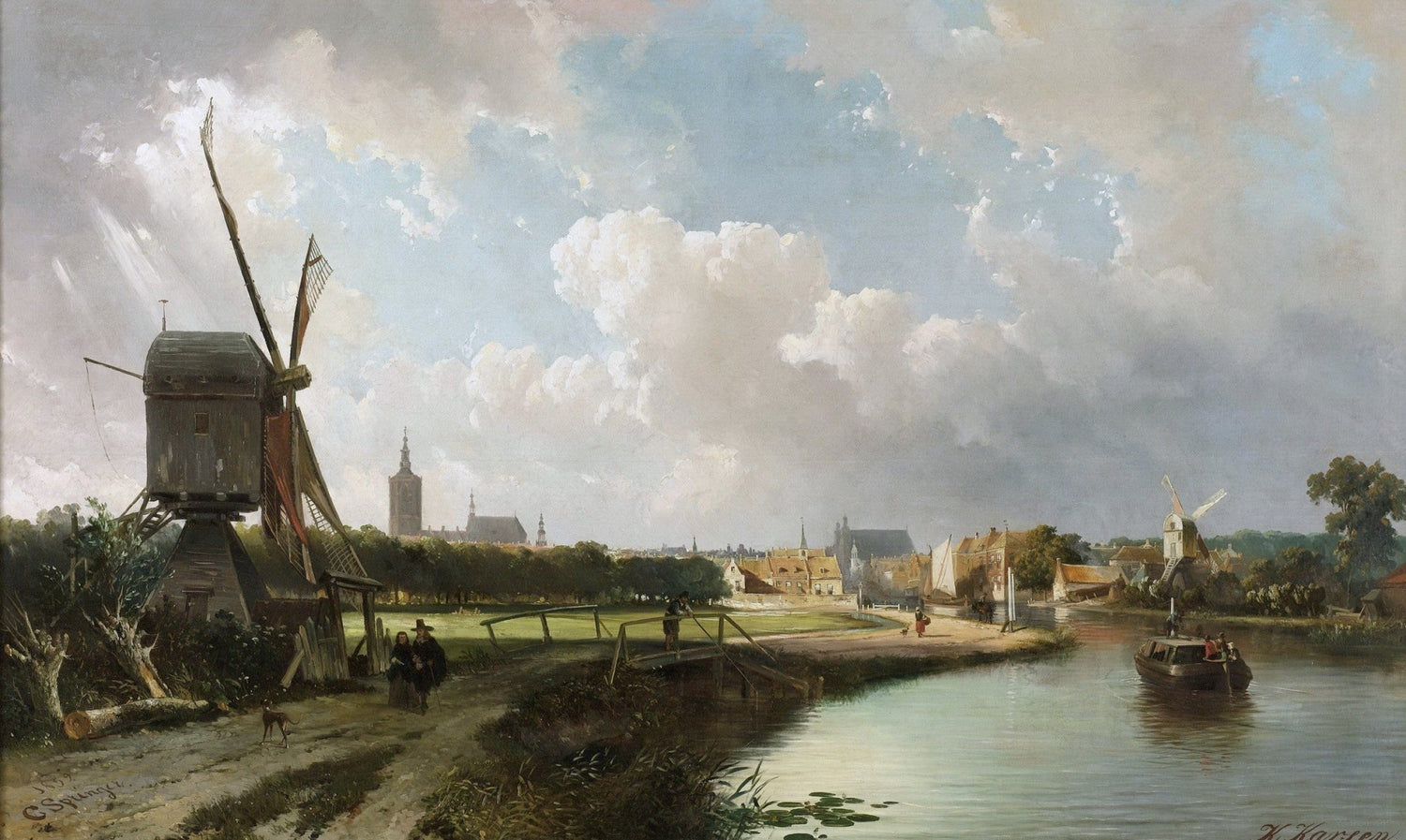 Hand-painted hand-painted dutch canal windmill view landscape oil painting on canvas