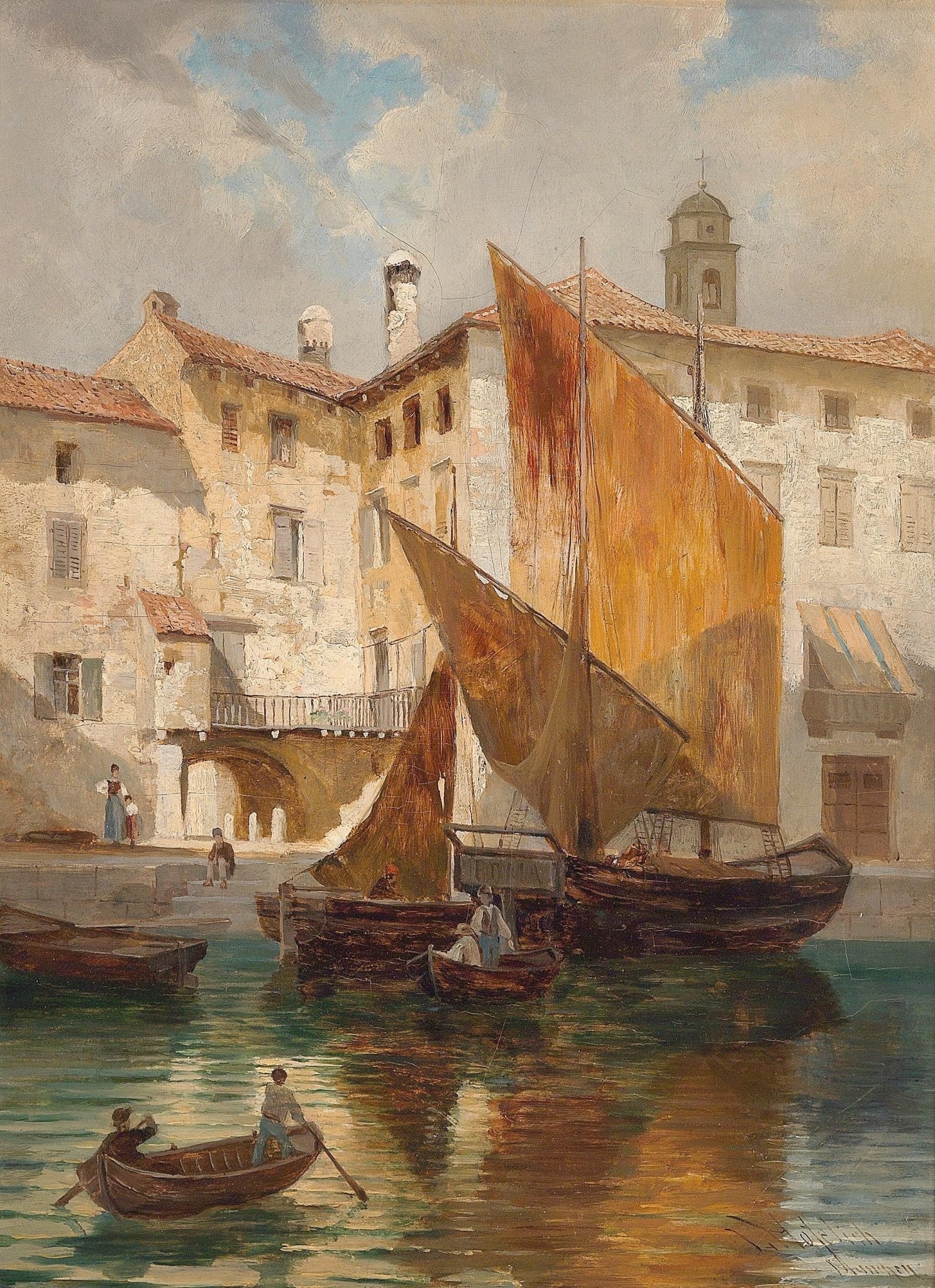 Hand-painted hand-painted harbor sailboat reflections landscape oil painting on canvas