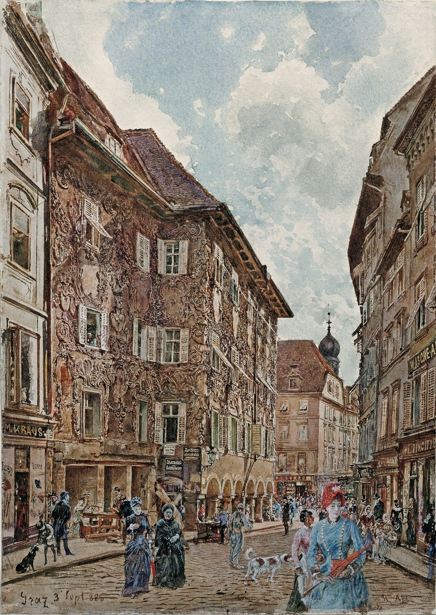 Hand painted oil on canvas landscape oil painting of historic Graz street view with textured brushwork, detailed buildings. - Add Frame, Canvas, Hand Painted, Landscape, Made To Order, Oil Painting